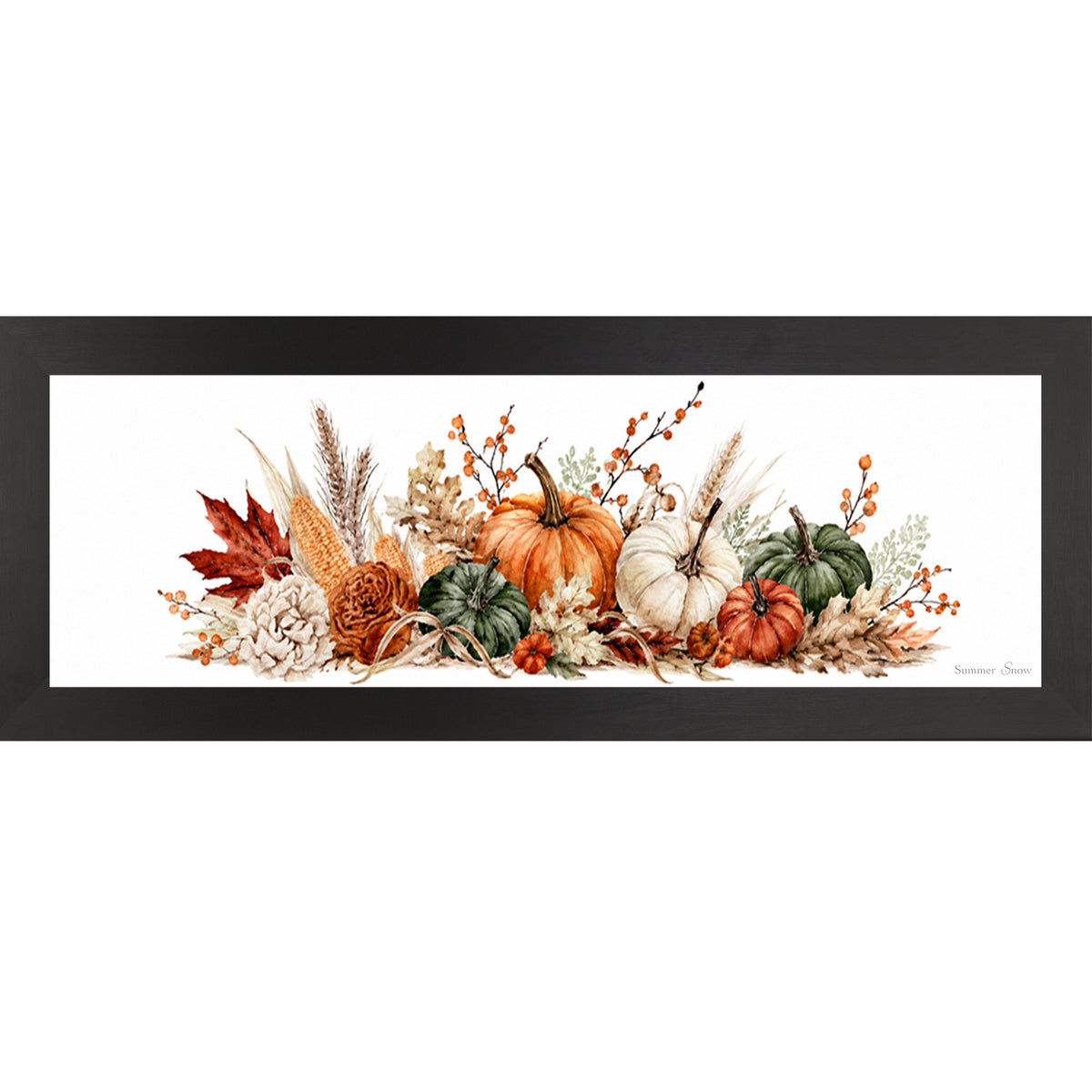 Black framed wide landscape harvest wall art featuring panoramic watercolor autumn pumpkins corn wheat berries and dried florals — Harvest Wide Landscape SB949