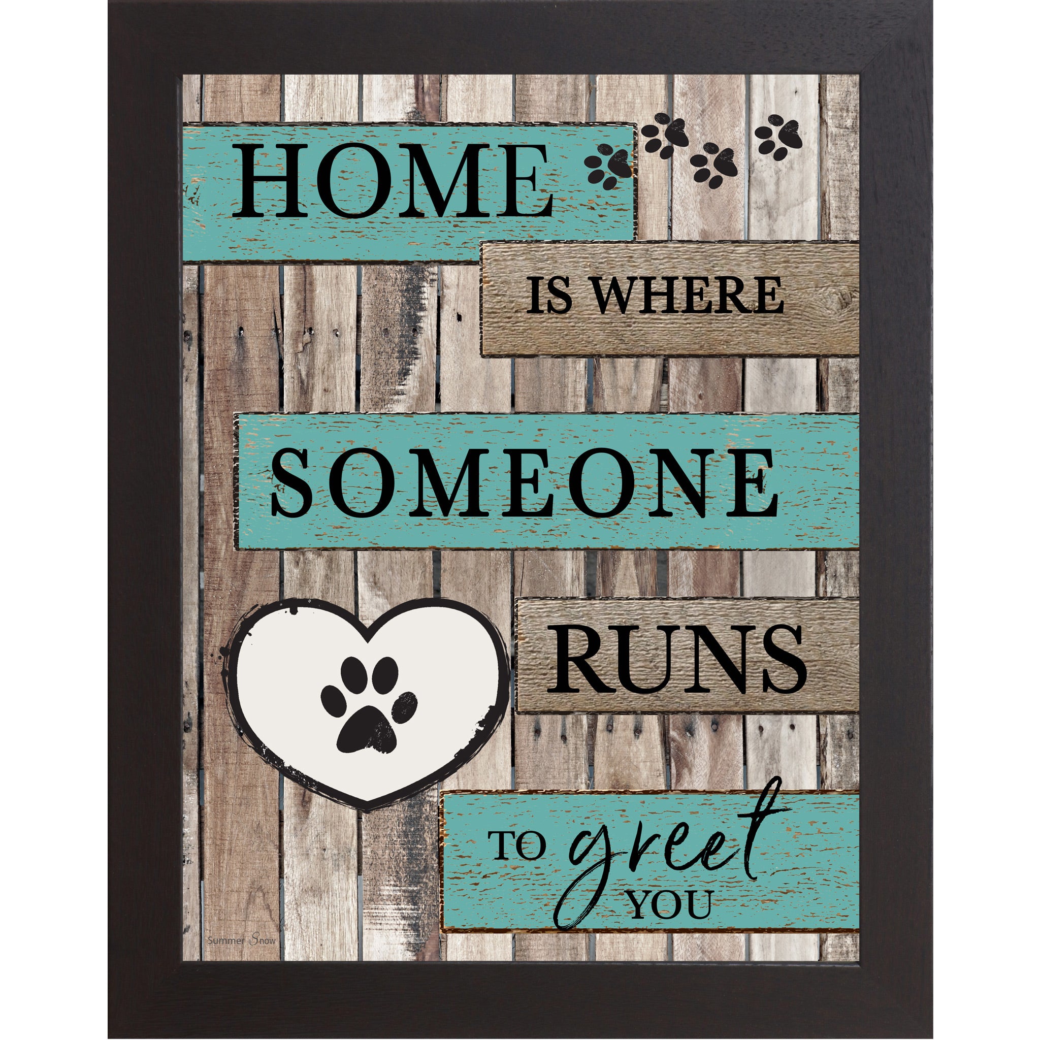Black framed portrait rustic pallet wood pet wall art with turquoise and wood plank banners reading Home Is Where Someone Runs to Greet You with a white paw print heart icon