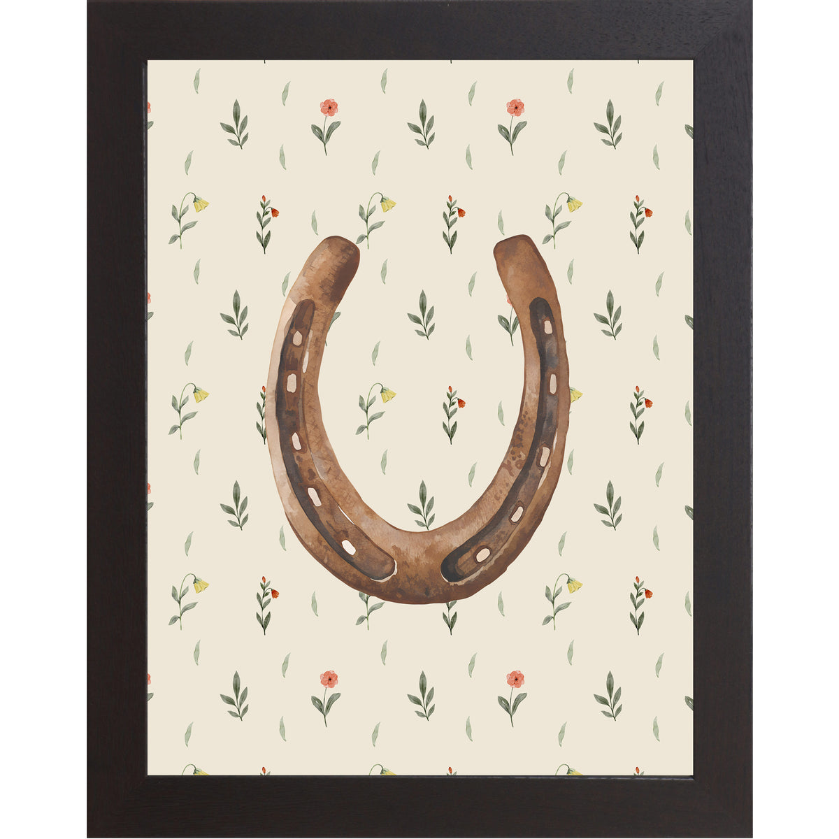 Black framed portrait horseshoe wall art with warm brown watercolor horseshoe open end up on soft cream scattered wildflower floral background — western cowgirl good luck decor