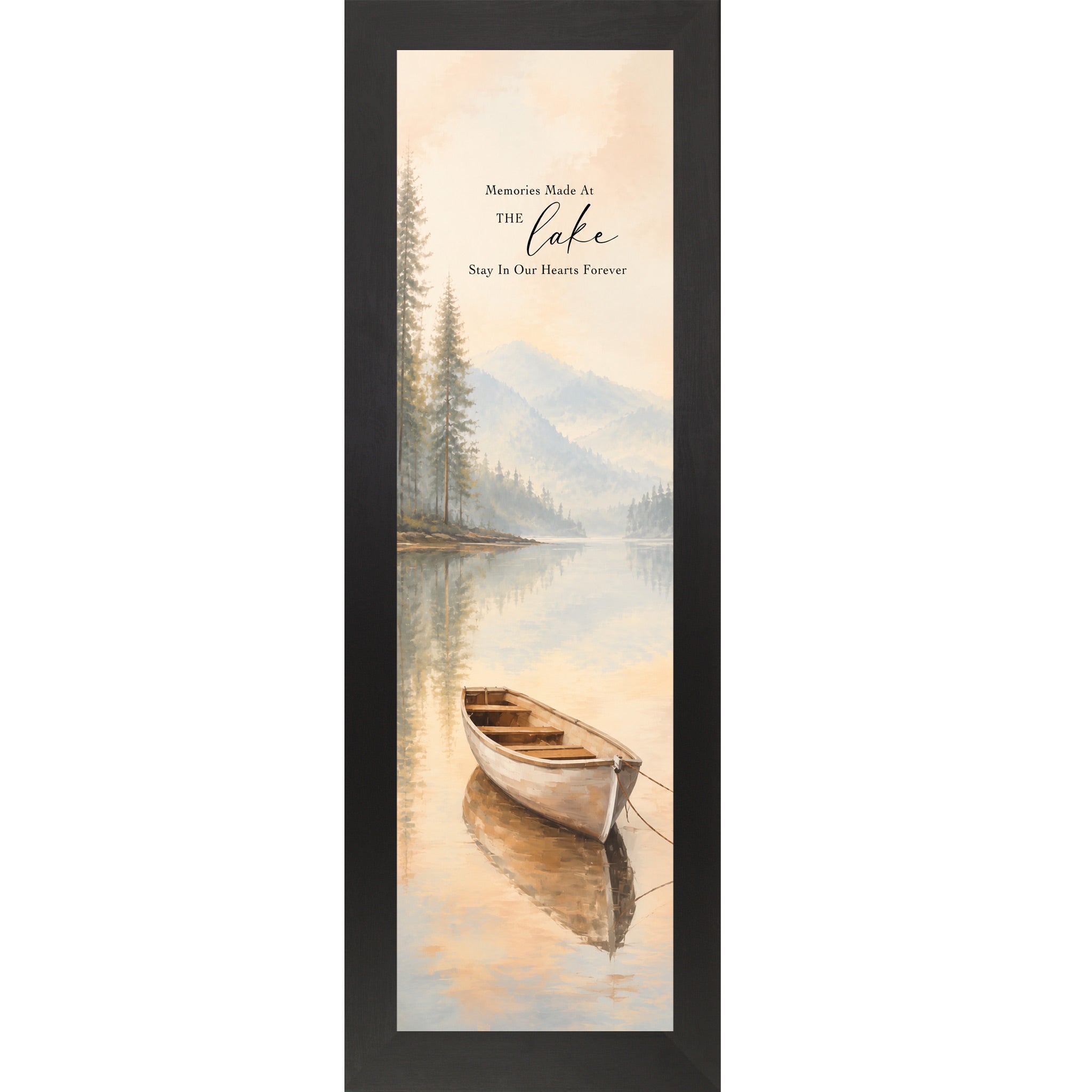 Black framed narrow portrait lake house wall art featuring a watercolor rowboat on misty reflective water with pine trees and mountain backdrop with the words Memories Made At The Lake Stay In Our Hearts Forever