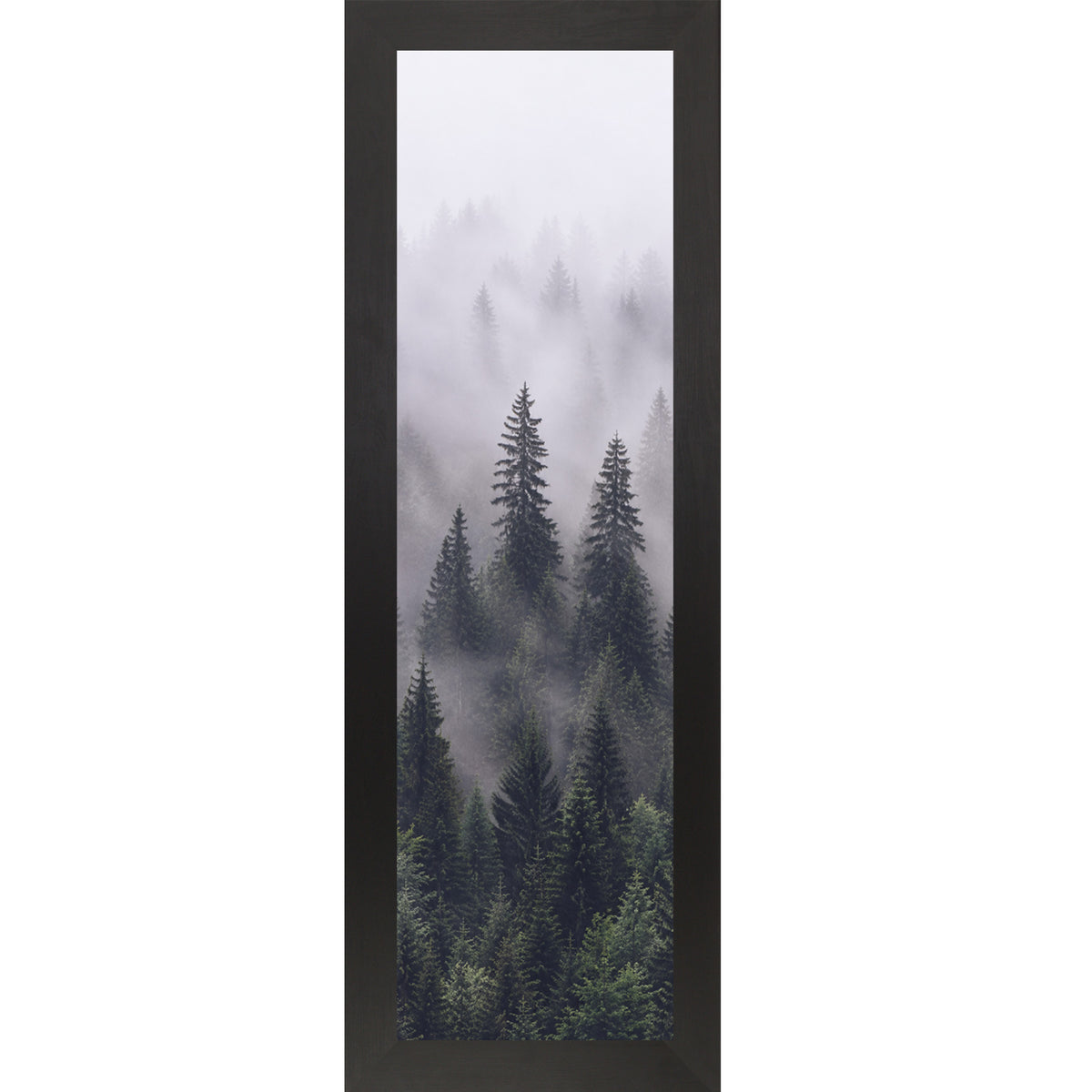 Black framed narrow portrait nature wall art featuring two sentinel pine trees rising through rolling mountain fog with dense green canopy below fading into pale misty white above