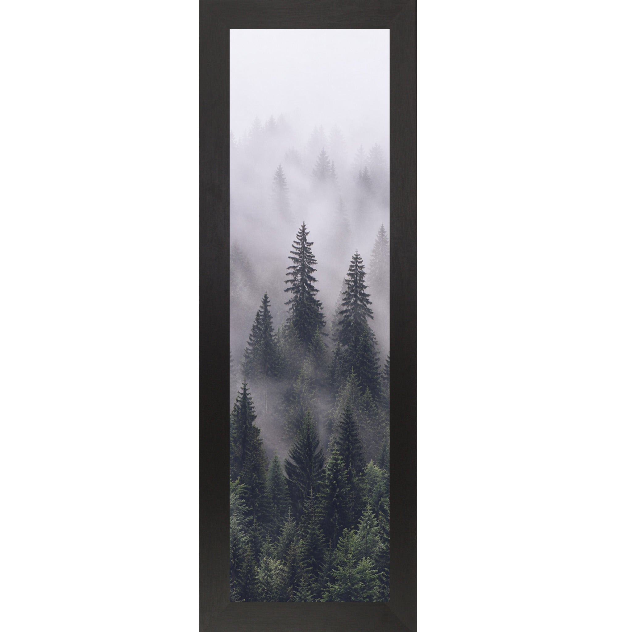 Black framed narrow portrait nature wall art featuring two sentinel pine trees rising through rolling mountain fog with dense green canopy below fading into pale misty white above