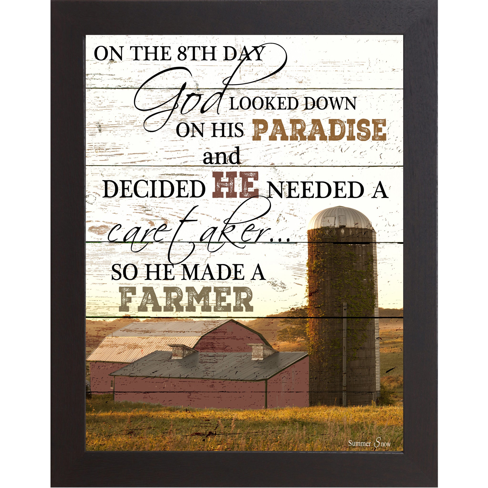 Black framed portrait farmhouse wall art with full On The 8th Day God Made A Farmer quote in bold mixed typography over red barn and ivy silo photograph on rustic pallet wood background