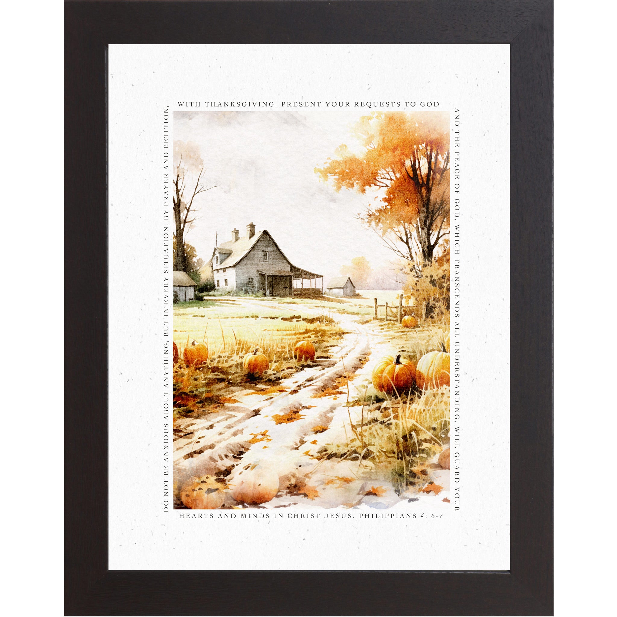 Black framed portrait fall scripture wall art featuring watercolor farm lane with pumpkins and old barn surrounded by complete Philippians 4:6-7 verse border — SN390