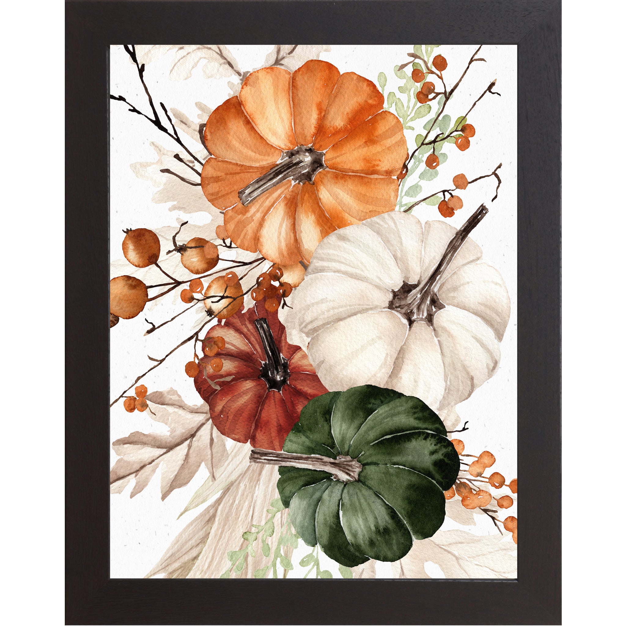 Black framed portrait fall wall art featuring watercolor orange white burgundy and green pumpkins with dried berries and neutral foliage — Pumpkin Bouquet SB252 right panel