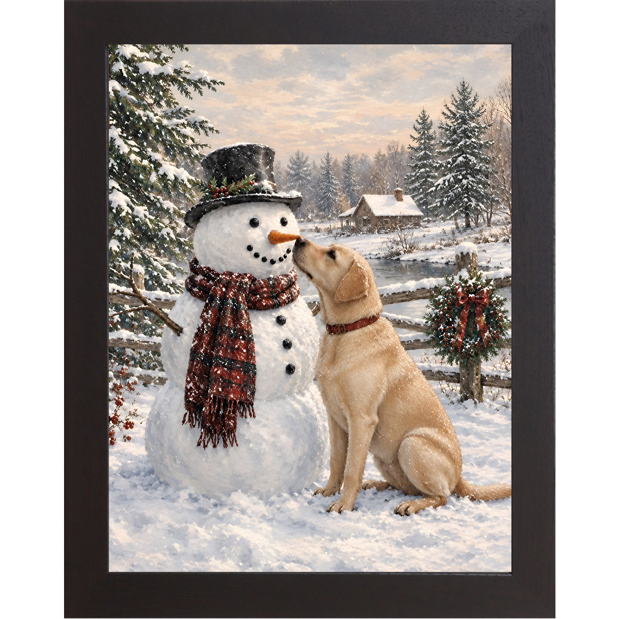 Black framed portrait heritage Christmas wall art featuring a yellow Labrador nosing a top-hatted snowman in a plaid scarf against a snowy countryside scene