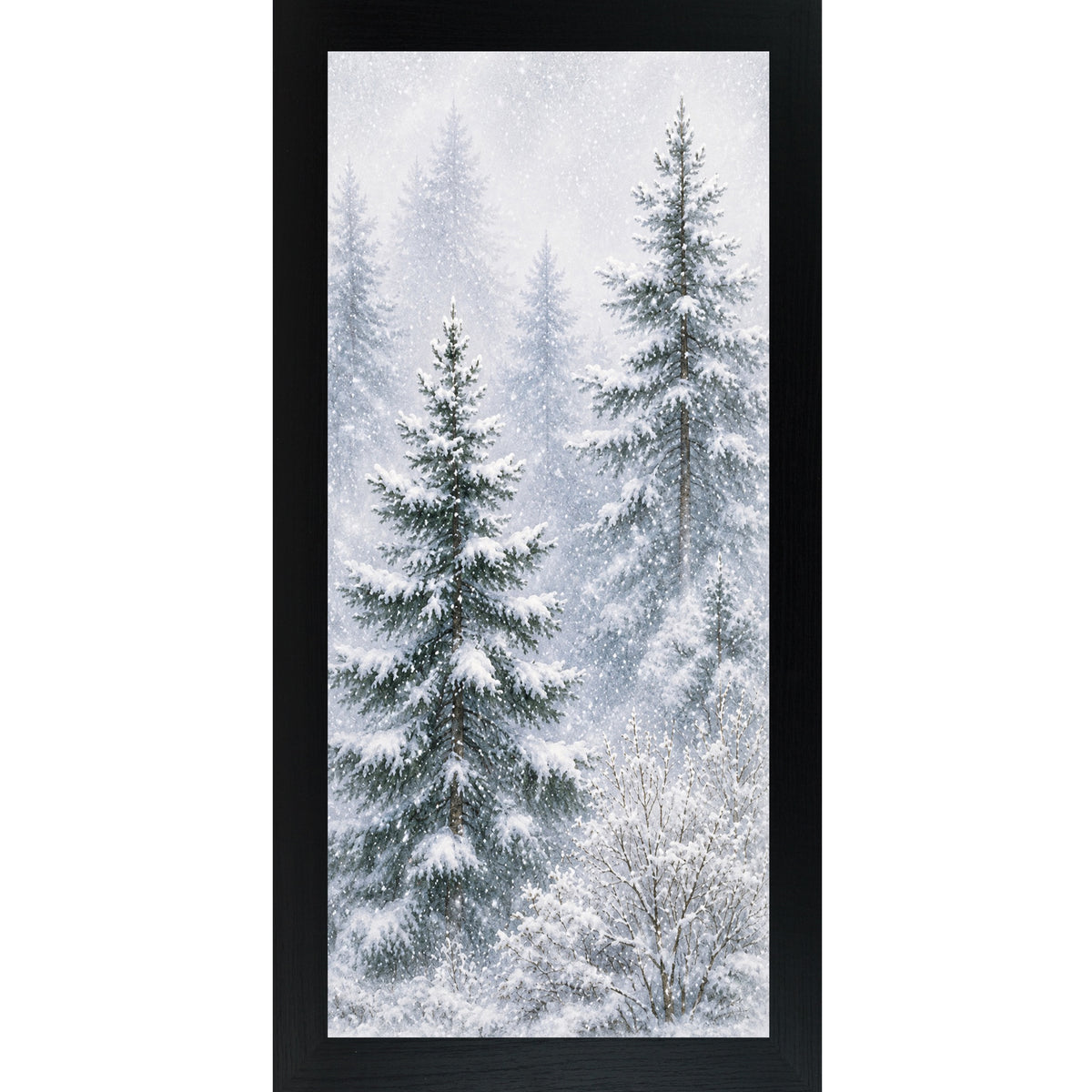 Black framed narrow portrait watercolor winter wall art featuring a snowy pine forest with two tall evergreens leaning right through falling snow