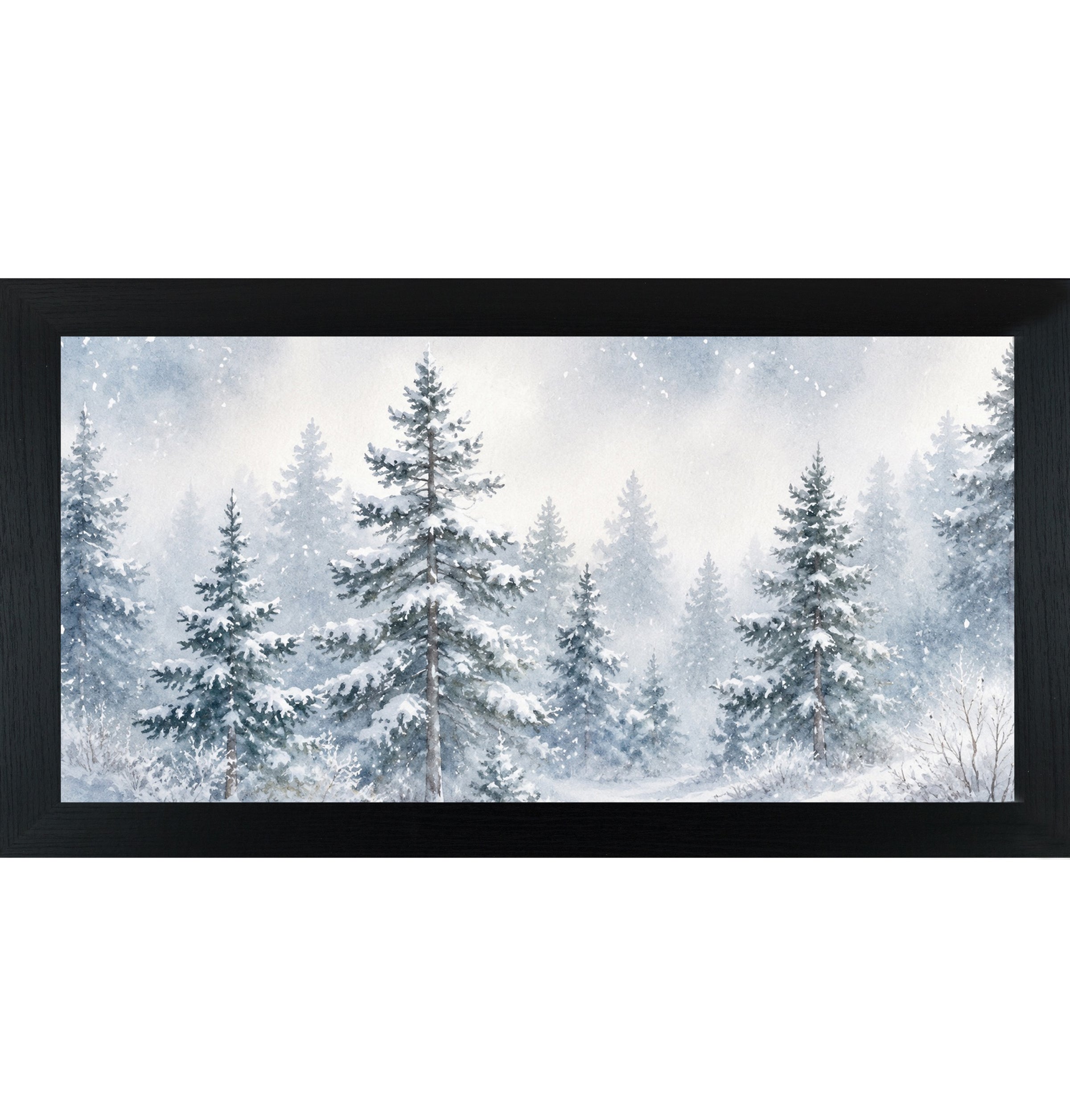 Black framed wide landscape watercolor winter wall art featuring a full panoramic view of snow-covered pine trees