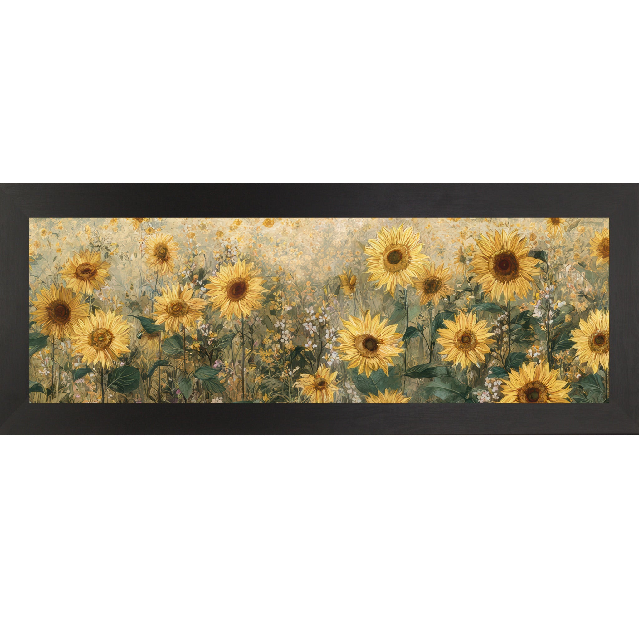 Black framed wide landscape sunflower wall art featuring a golden field of sunflowers with deep brown centers, lush green leaves, and scattered white wildflowers against a warm aged background