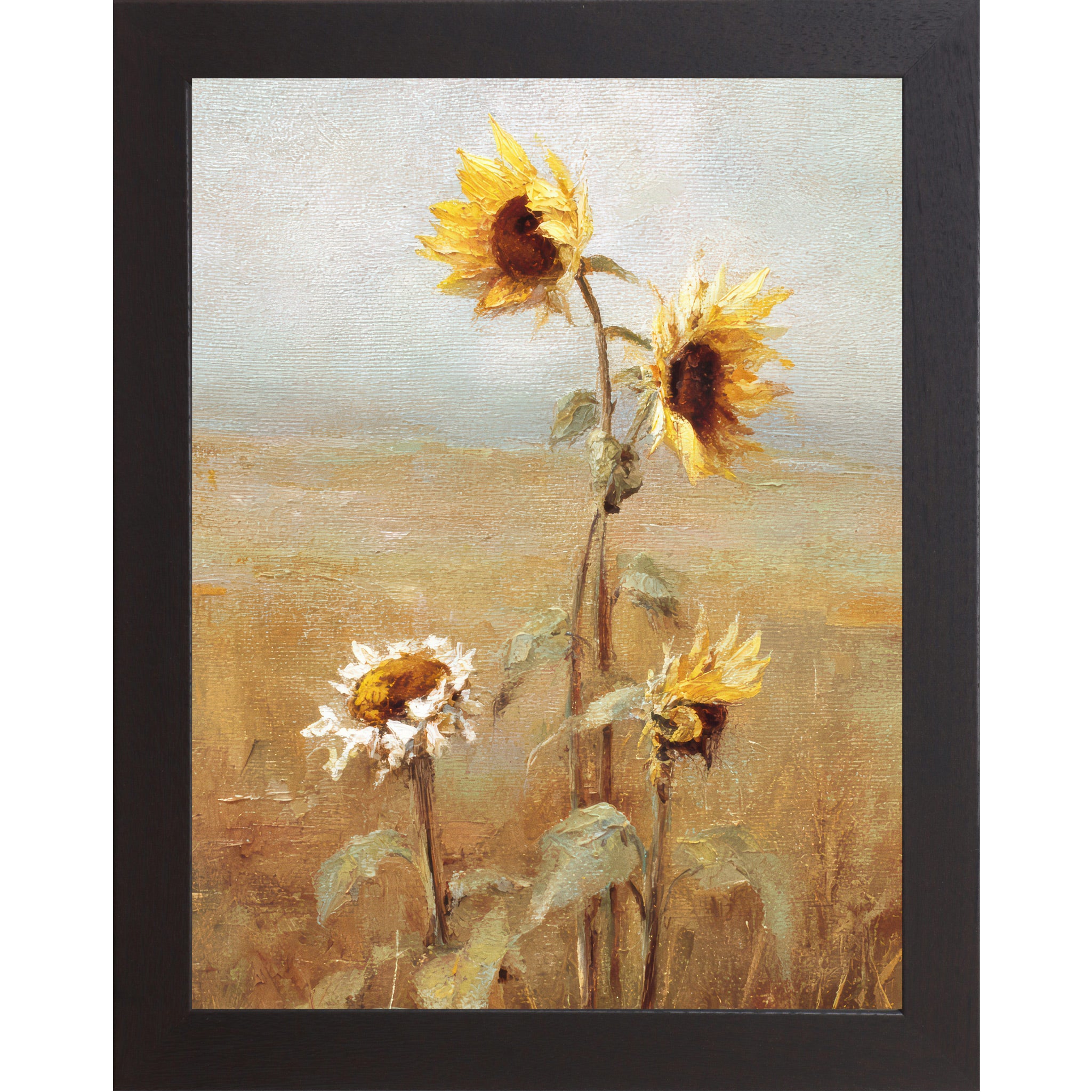 Black framed vertical farmhouse wall art featuring four sunflowers in expressive oil painting style with thick brushstrokes against a soft blue-gray sky and golden wheat field