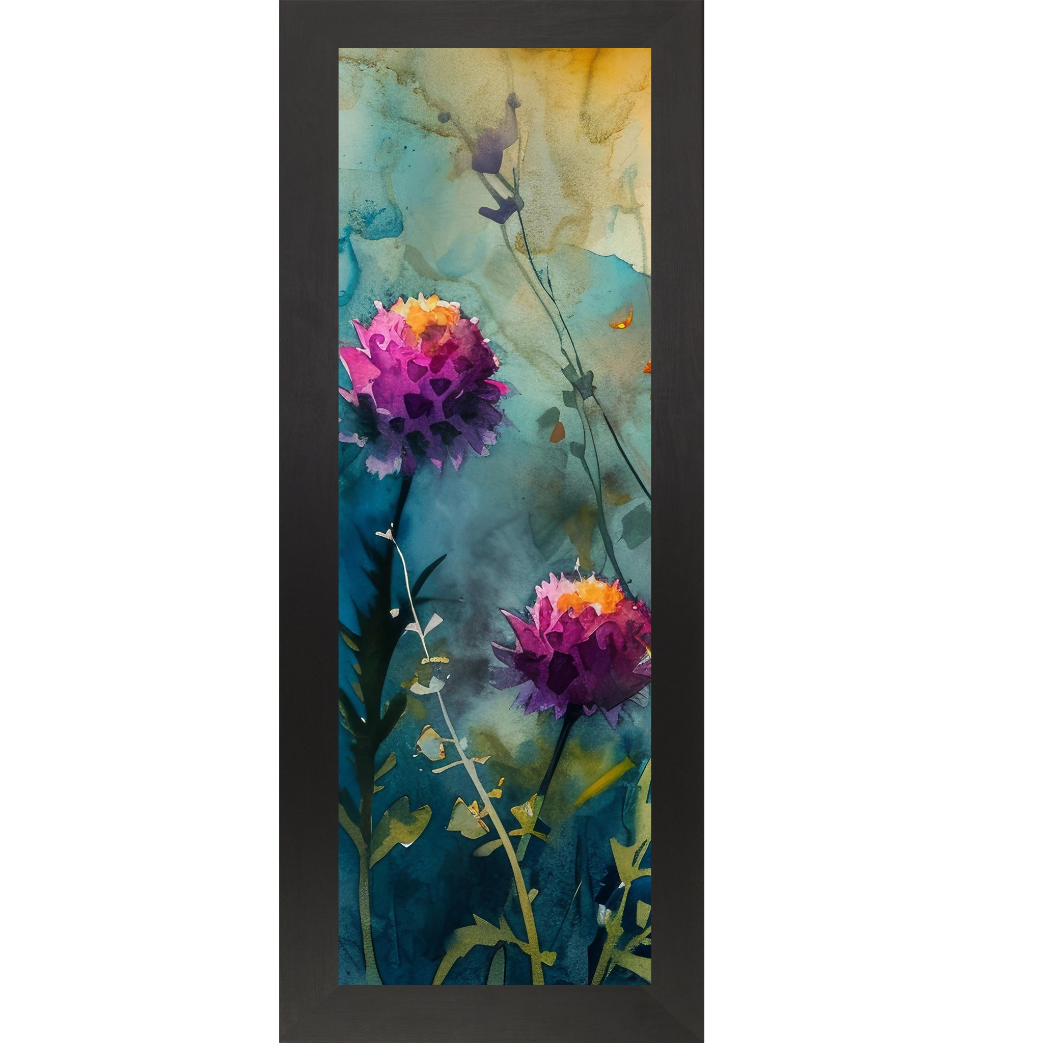 Black framed narrow portrait watercolor wildflower wall art with two bold purple-magenta blooms against a deep teal and gold background