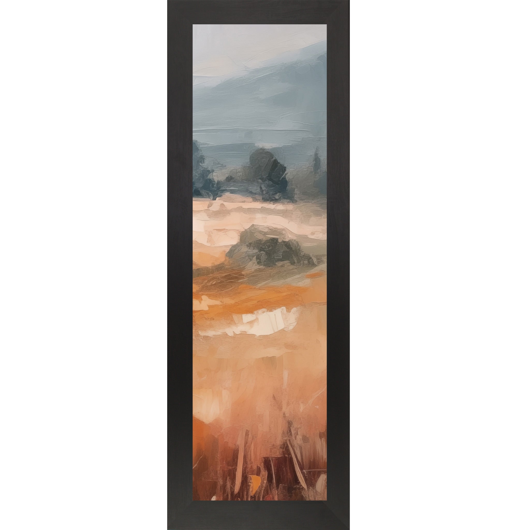 Black framed narrow portrait abstract terracotta landscape wall art with rich amber and orange field dark trees in midground and dramatic blue-grey sky