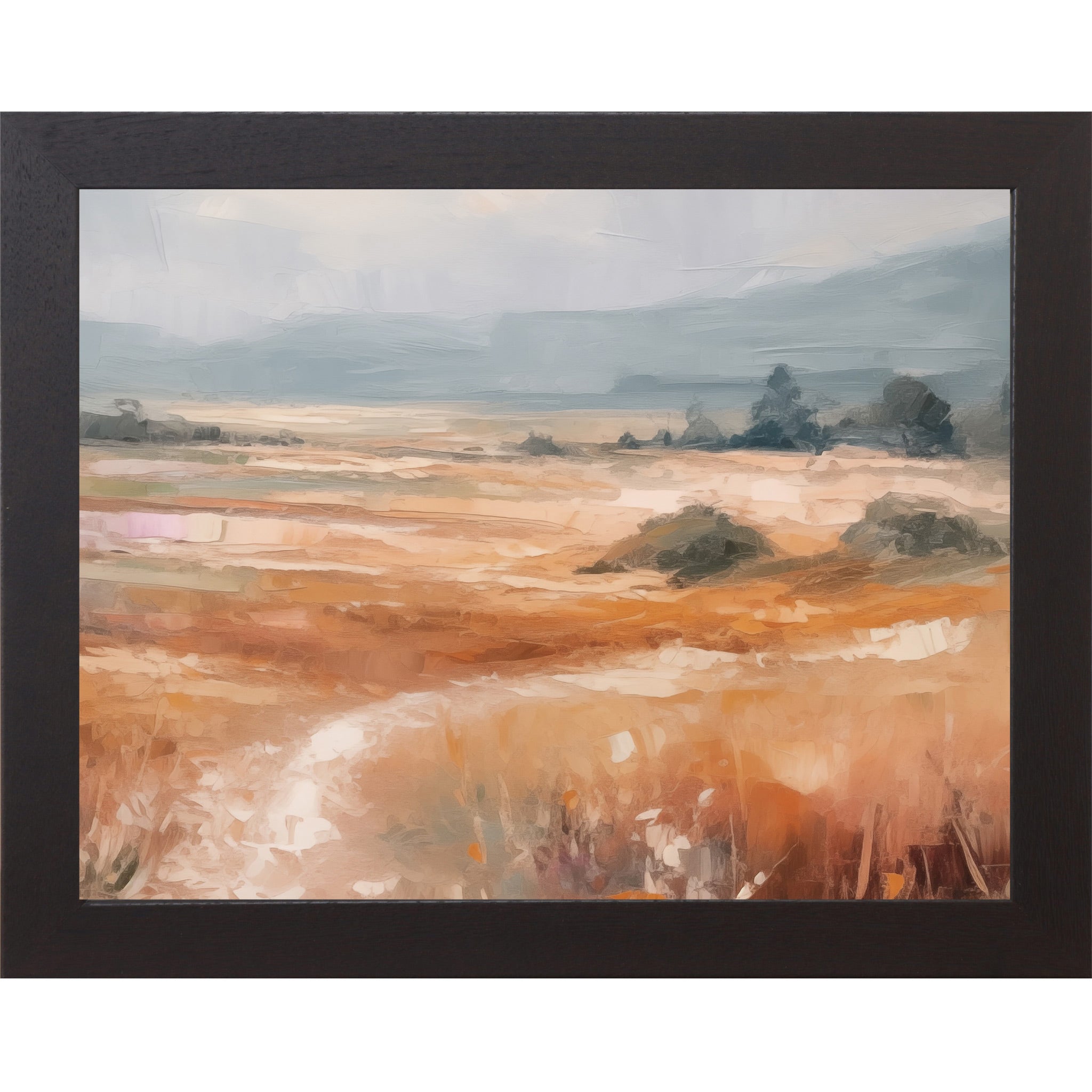 Black framed landscape abstract terracotta wall art with warm amber and orange field dark trees in midground and dramatic blue-grey sky with bold expressive brushwork