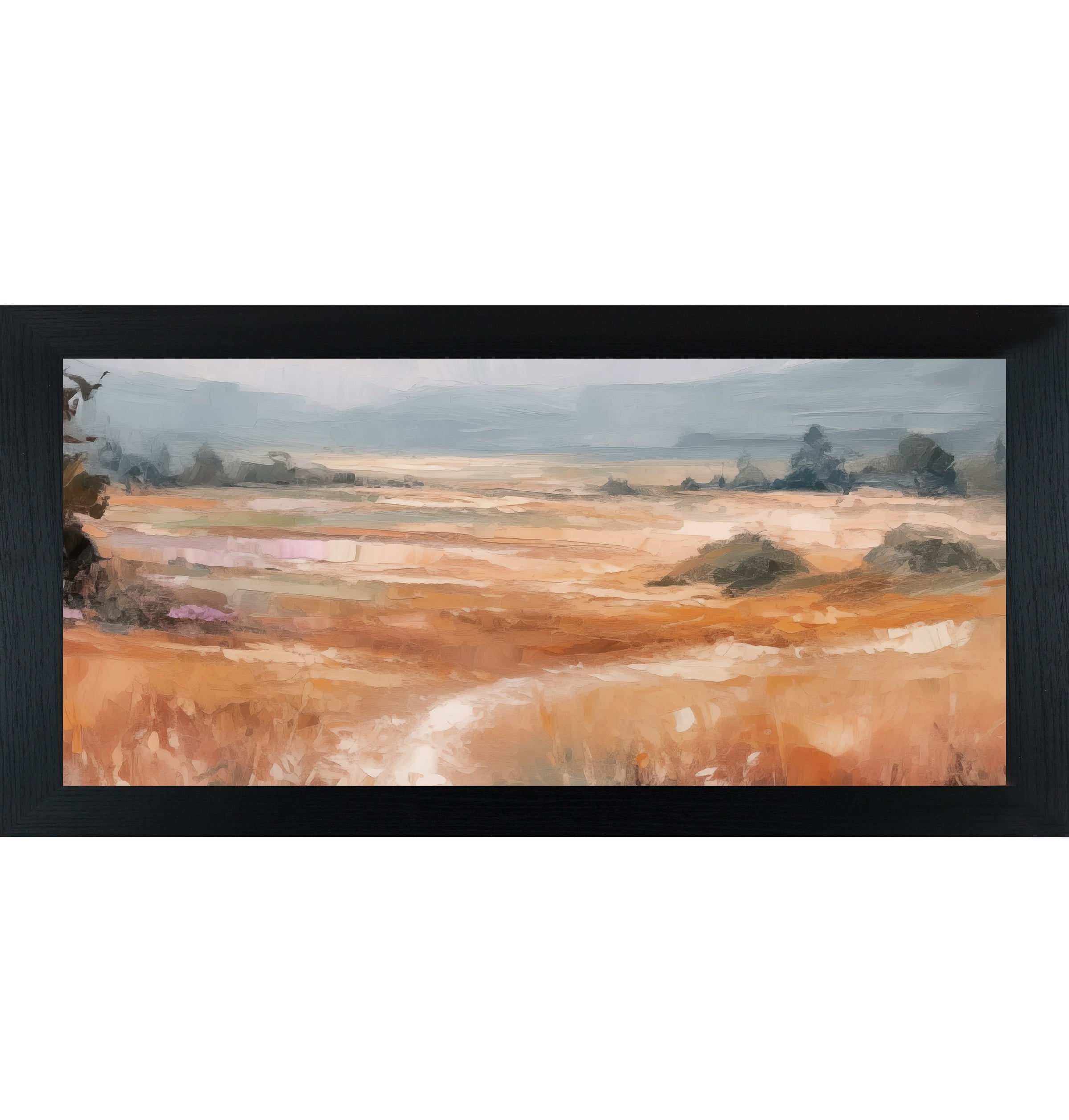 Black framed wide landscape abstract terracotta wall art showing full panoramic scene with warm amber orange field dark trees left edge soft peach midground and dramatic blue-grey sky with bold expressive brushwork