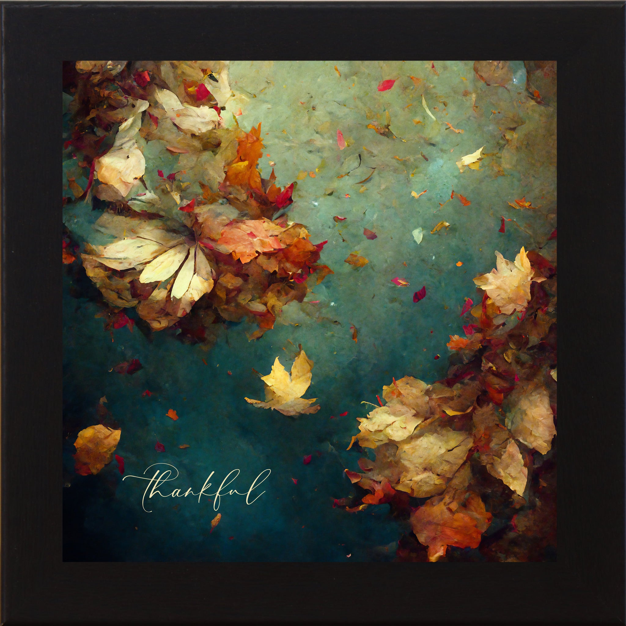 Black framed square fall wall art featuring teal watercolor autumn maple leaves in cream and deep crimson with the word "thankful" in script — Thankful SB306