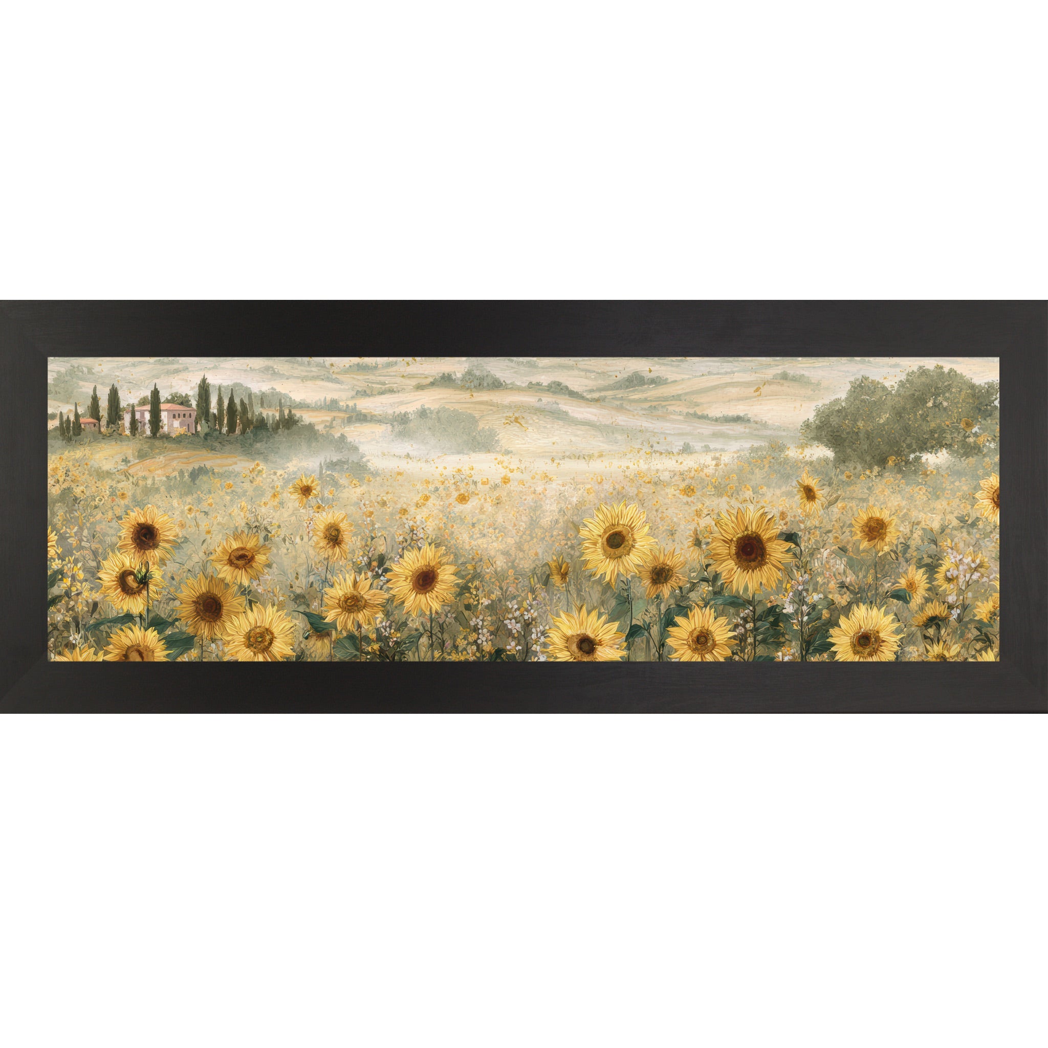 Black framed wide landscape Tuscan sunflower wall art featuring golden sunflowers in the foreground with rolling Italian hills, cypress trees, a terracotta villa, and soft misty countryside in the distance