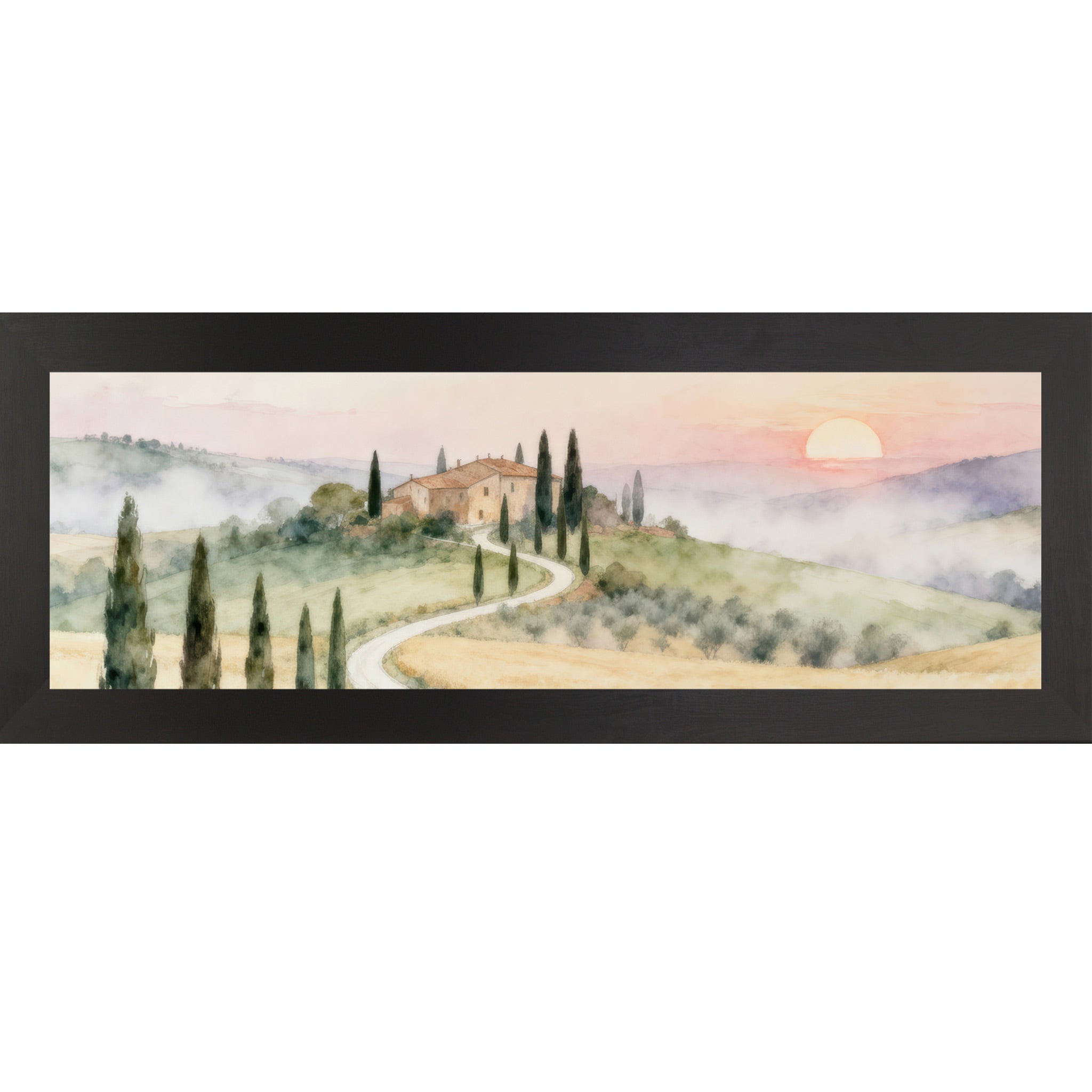 Black framed wide landscape Tuscan watercolor wall art featuring a winding white road through golden wheat fields and cypress trees leading to a terracotta villa on a green hillside with a peach and coral sunrise