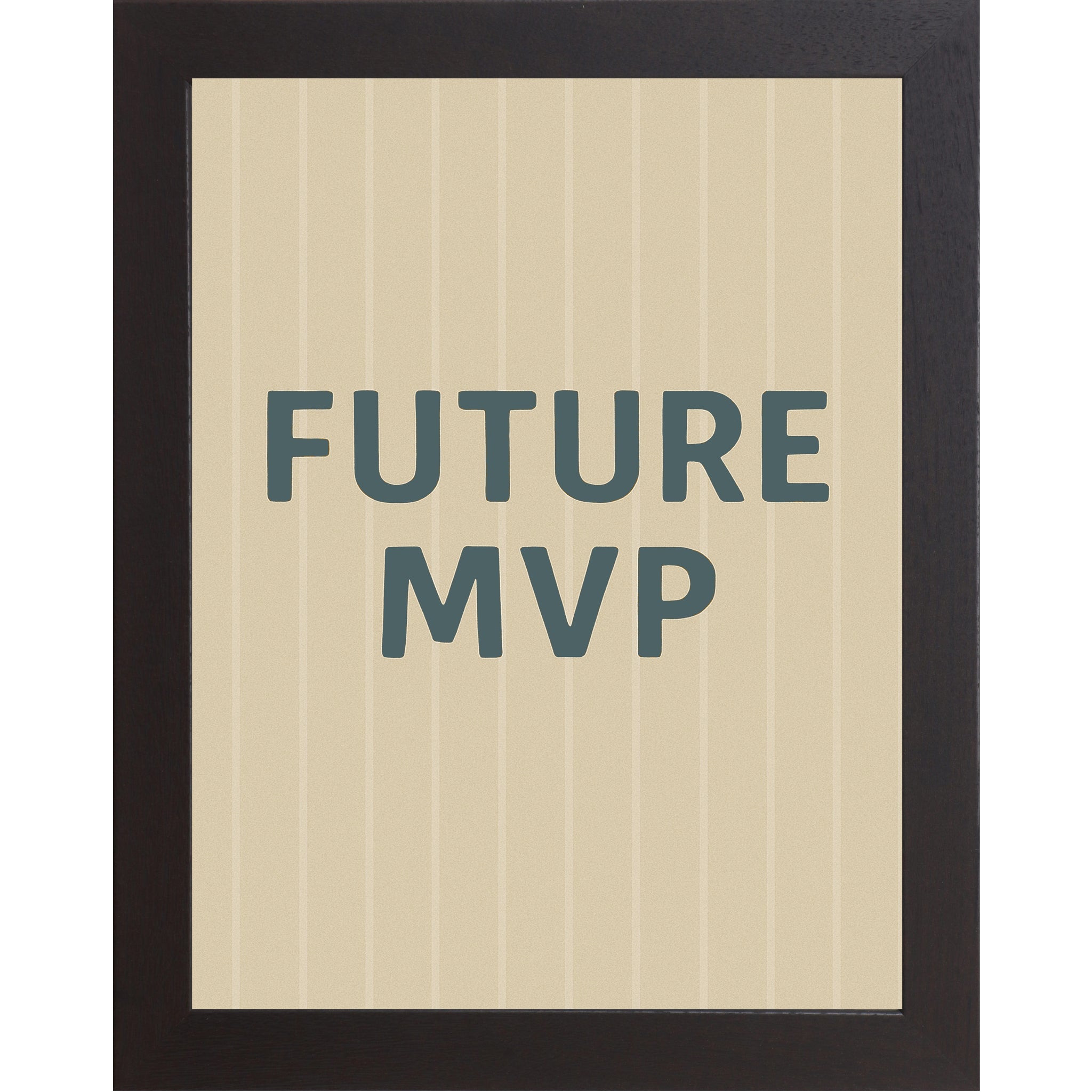 Black frame color Framed sports nursery wall art reading Future MVP on striped baseball inspired background for boys room or sports themed nursery.