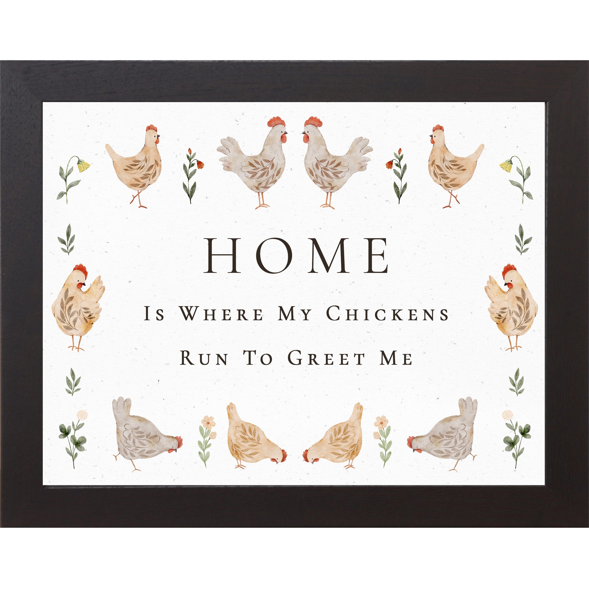 Farmhouse chicken wall art with watercolor hens and the quote Home is where my chickens run to greet me on a neutral background.
