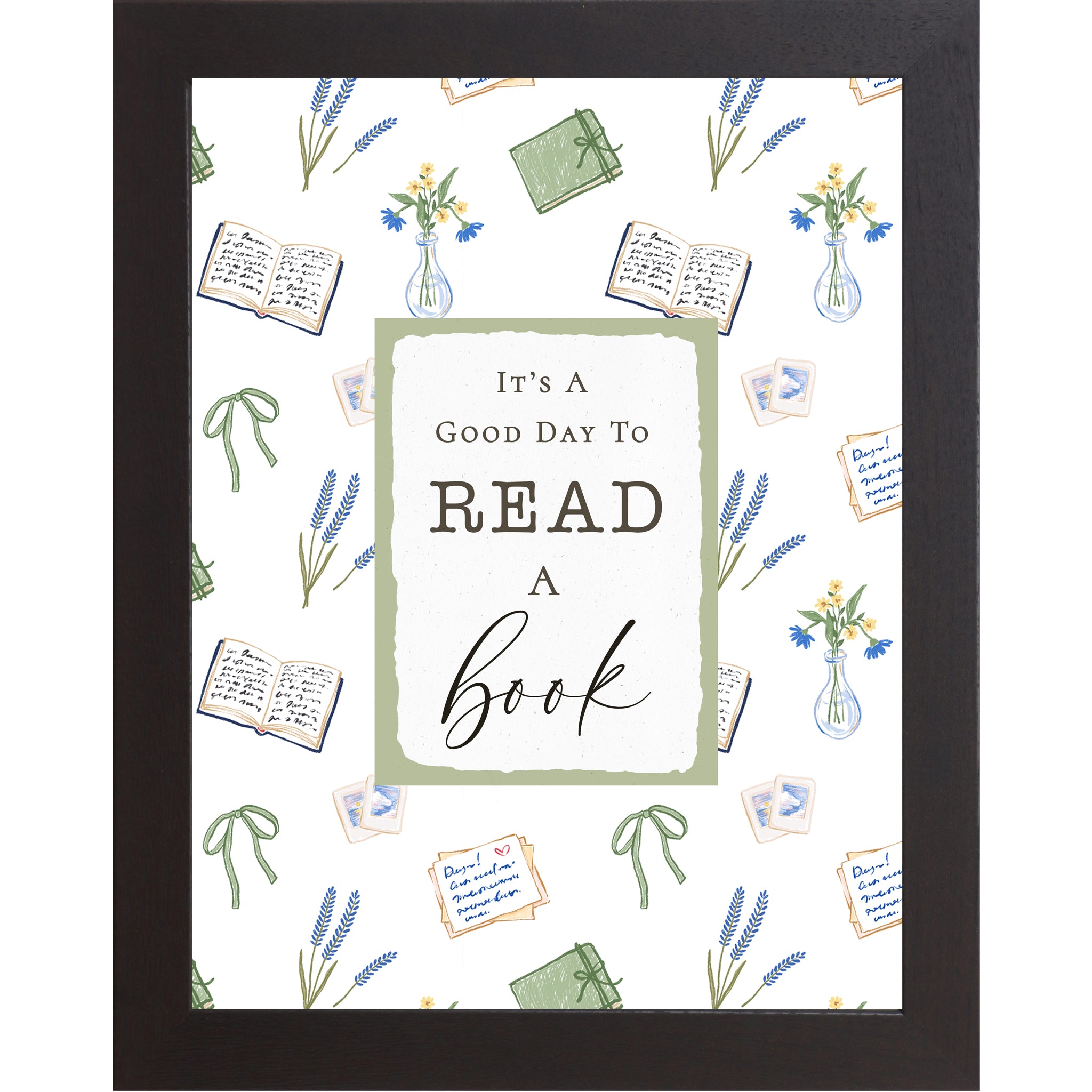 Reading nook wall art featuring the phrase “It’s A Good Day To Read A Book” with floral, book, and bow illustrations on a neutral background in a vertical framed design.