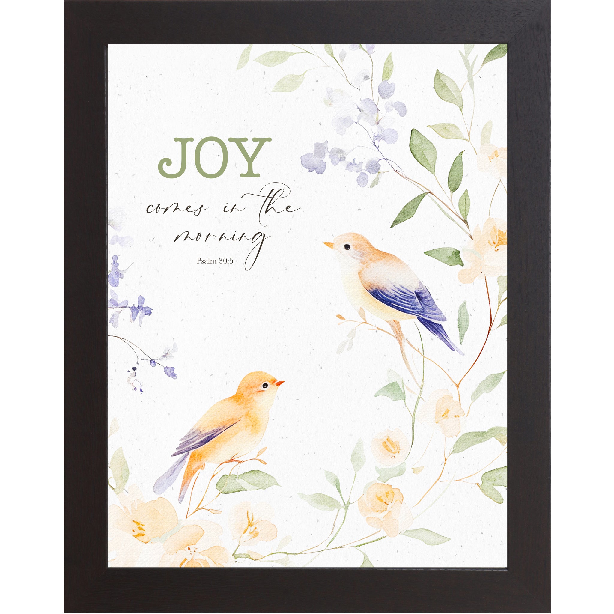 Black Color Framed watercolor wall art featuring two small birds perched among floral branches with the scripture “Joy Comes in the Morning – Psalm 30:5” on a neutral textured background.