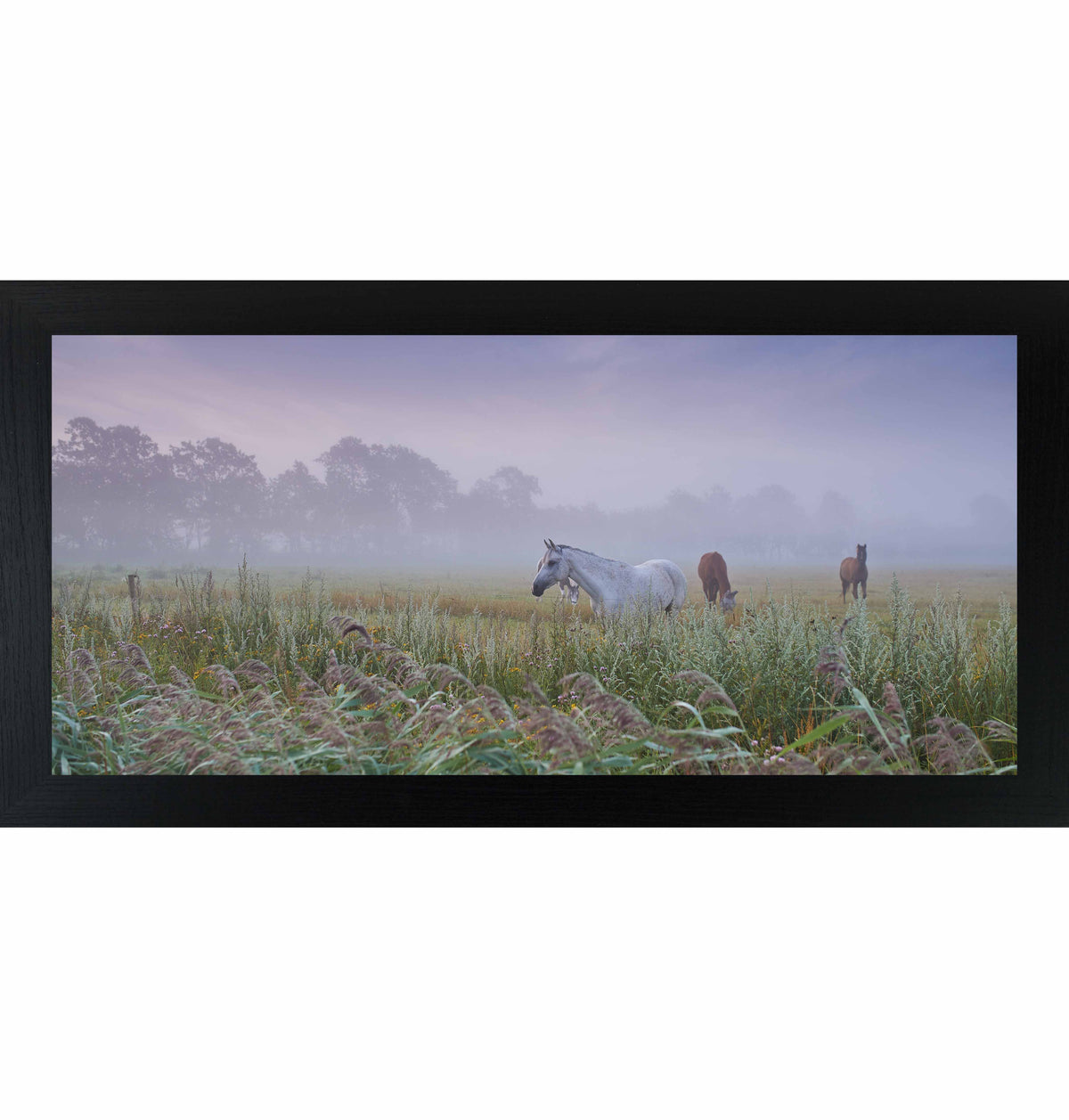 Panoramic horse meadow wall art, misty field with horses at dawn, calm nature wall decor, wide landscape art