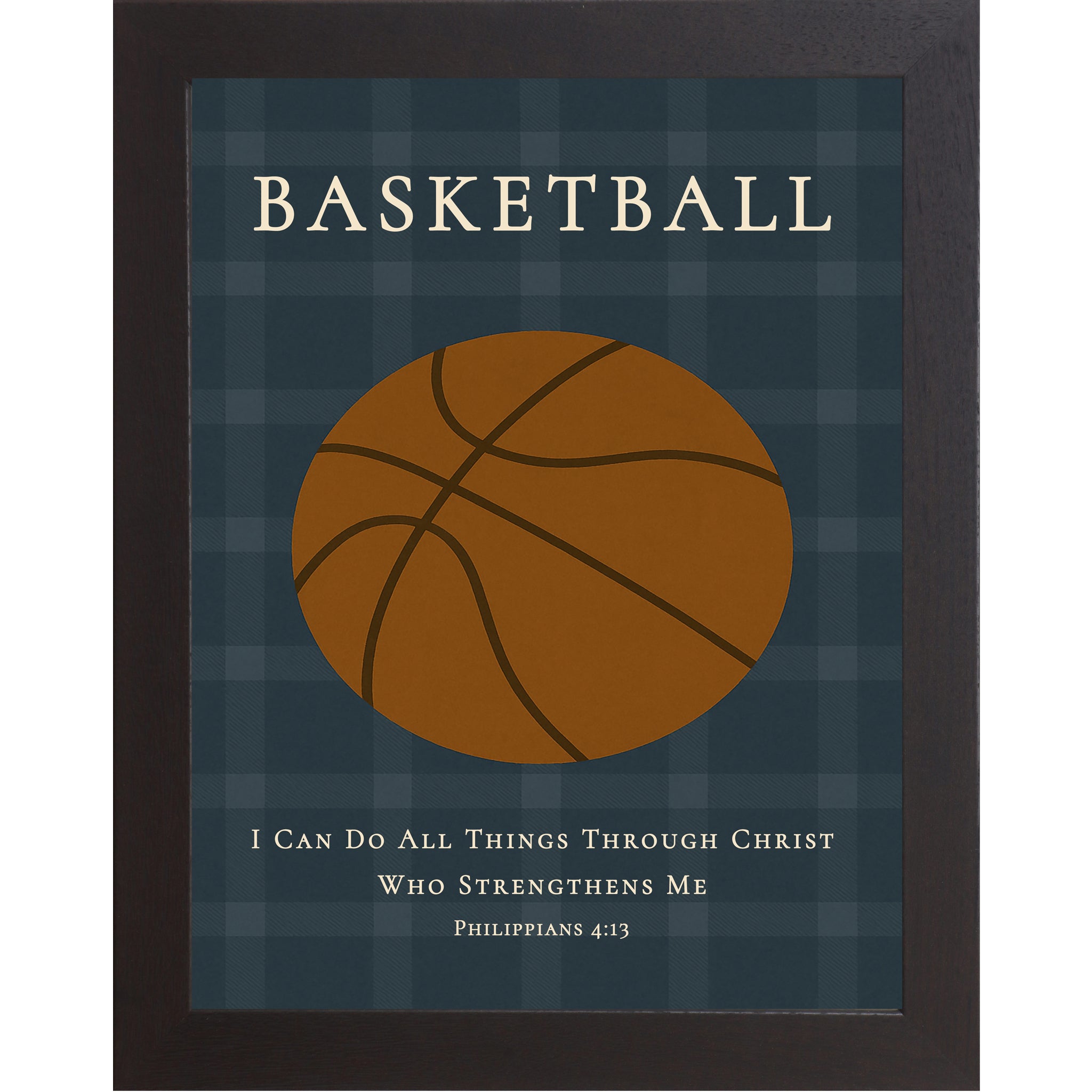 Black colored frame of Christian basketball wall art featuring a basketball illustration with the Bible verse Philippians 4:13 on a blue plaid background.