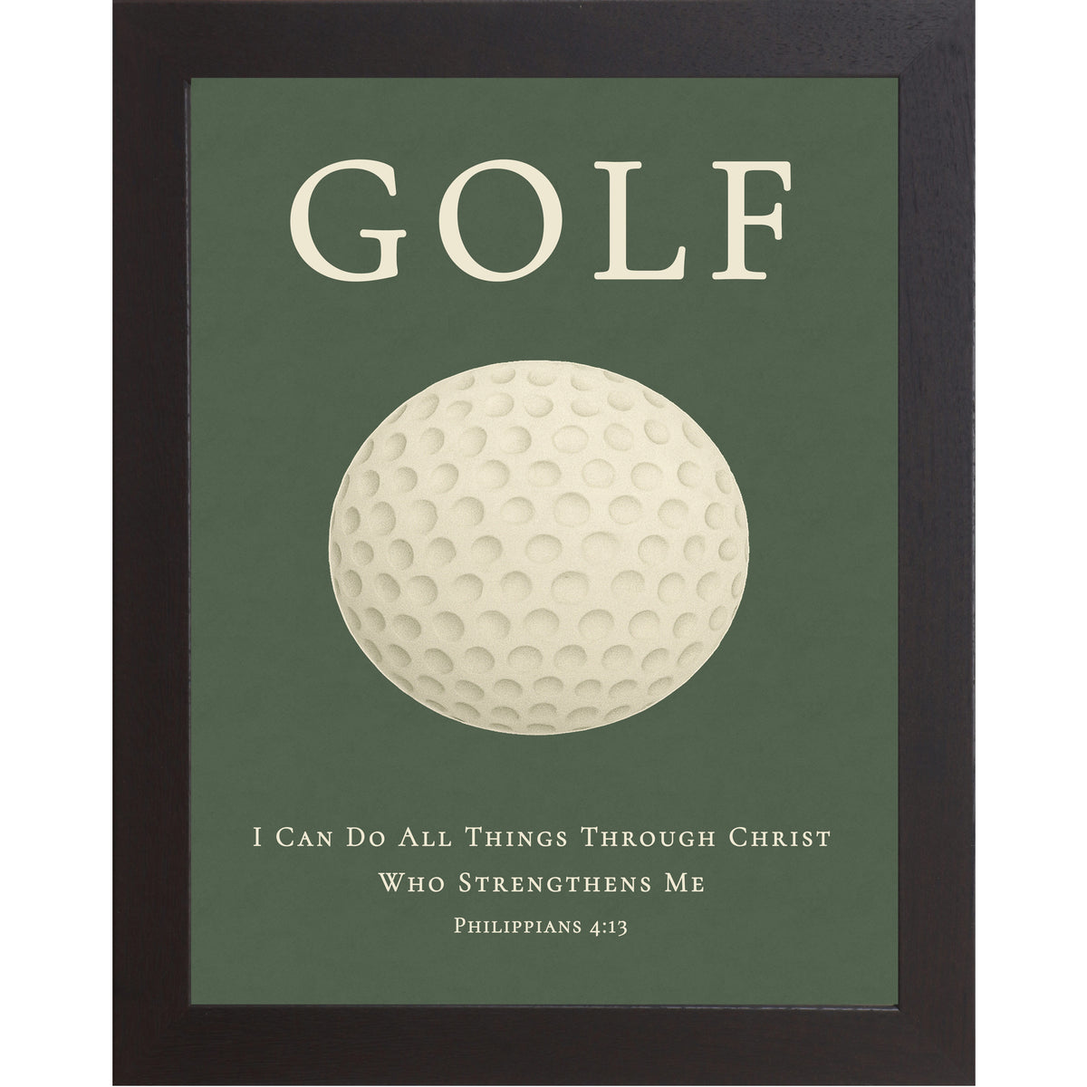 Black color framed Christian golf wall art featuring a golf ball with the Bible verse Philippians 4:13 on a green background.