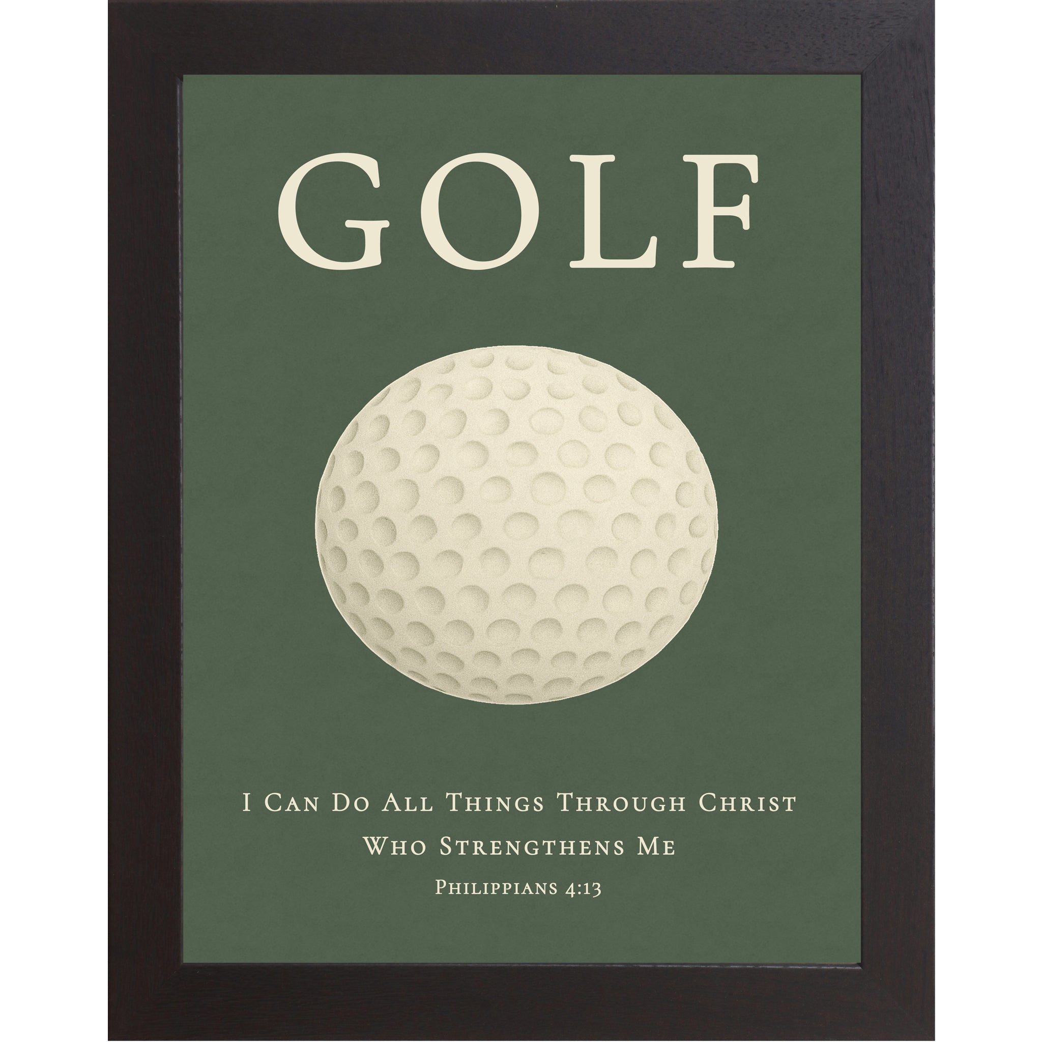 Black color framed Christian golf wall art featuring a golf ball with the Bible verse Philippians 4:13 on a green background.