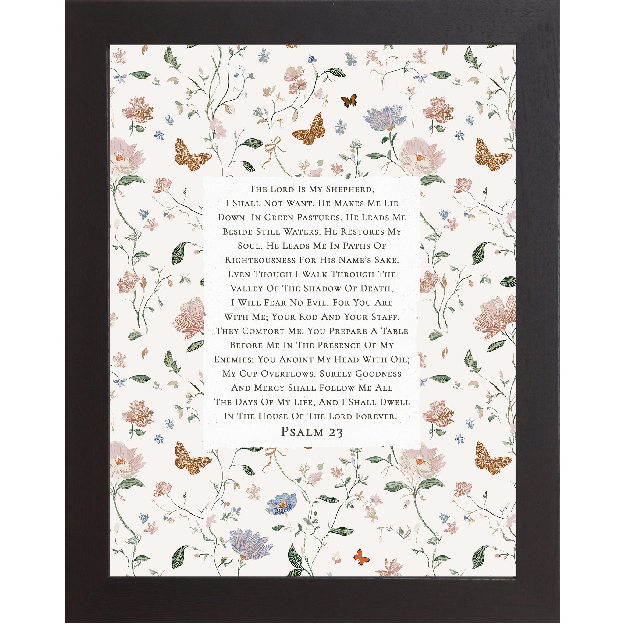 Vertical framed Psalm 23 wall art featuring full scripture on neutral center panel surrounded by soft pastel floral and butterfly pattern, Christian decor in multiple vertical sizes.