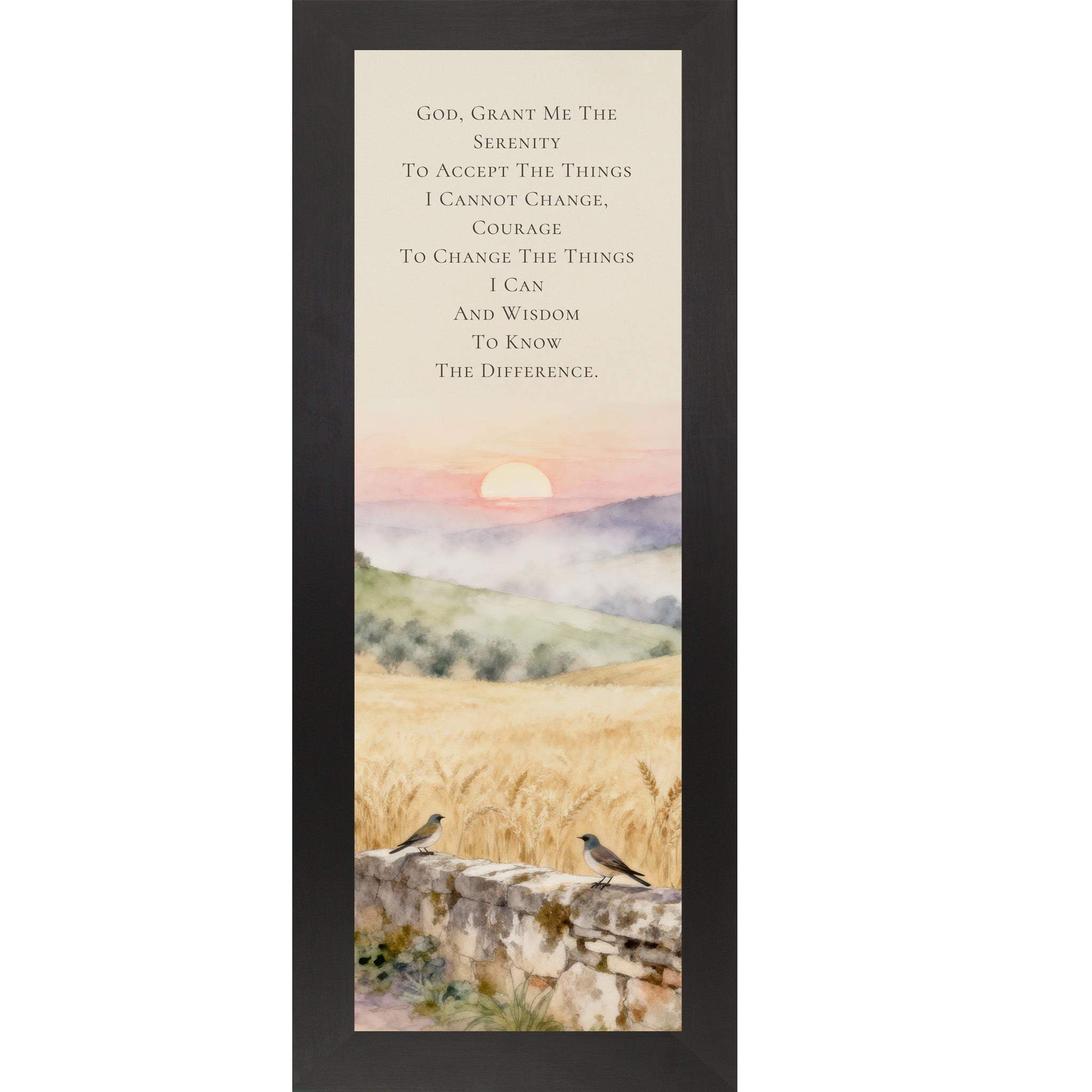 Black framed narrow portrait Serenity Prayer wall art with Tuscan sunrise watercolor landscape two bluebirds on stone wall and golden wheat fields — Italian Christian scripture decor