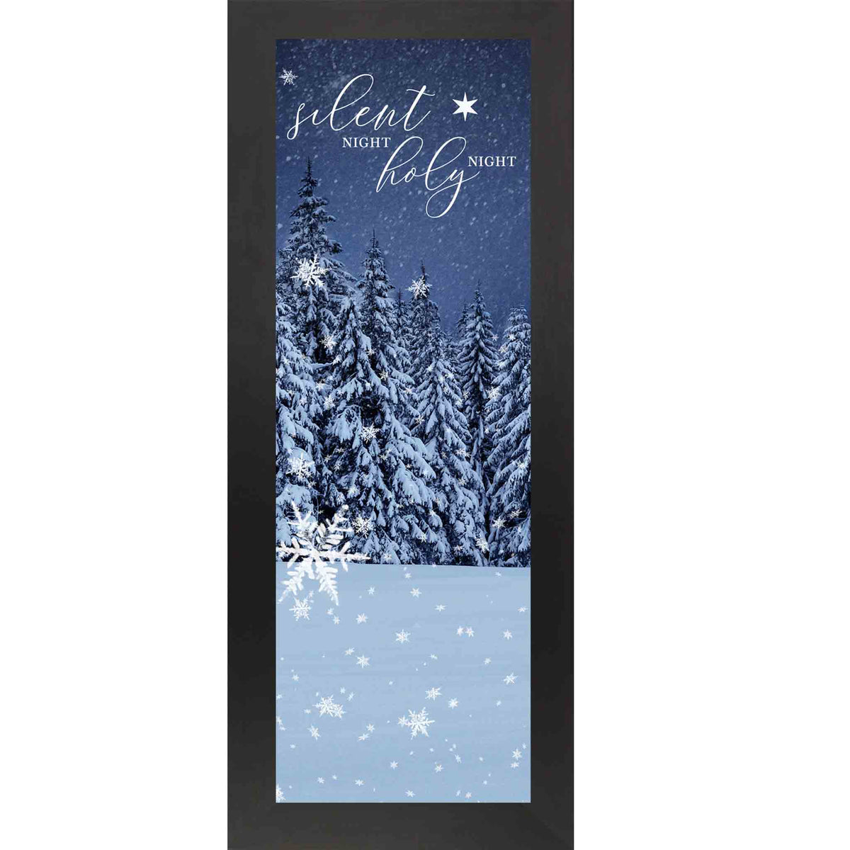 Vertical Christmas wall art featuring a snowy evergreen forest at night with falling snow and stars in the sky, displaying the words “Silent Night, Holy Night” in white script over a peaceful winter scene.