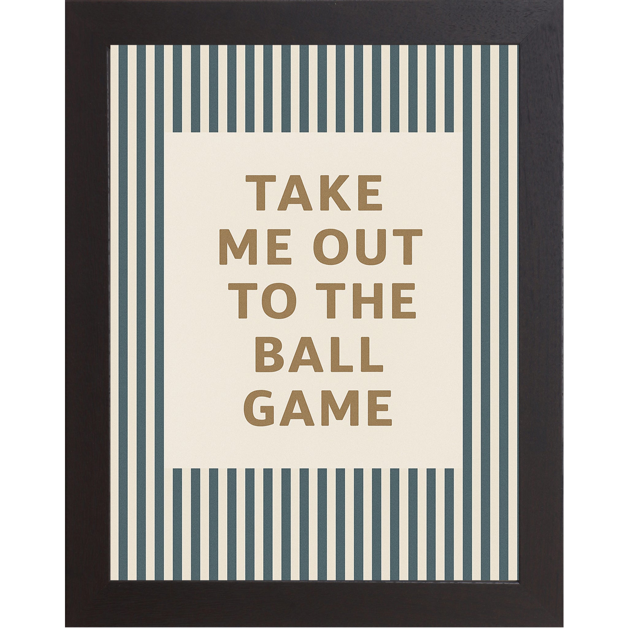 Black Frame color with Baseball themed framed wall art featuring the phrase “Take Me Out To The Ball Game” on an off white background with vintage teal baseball pinstripes.