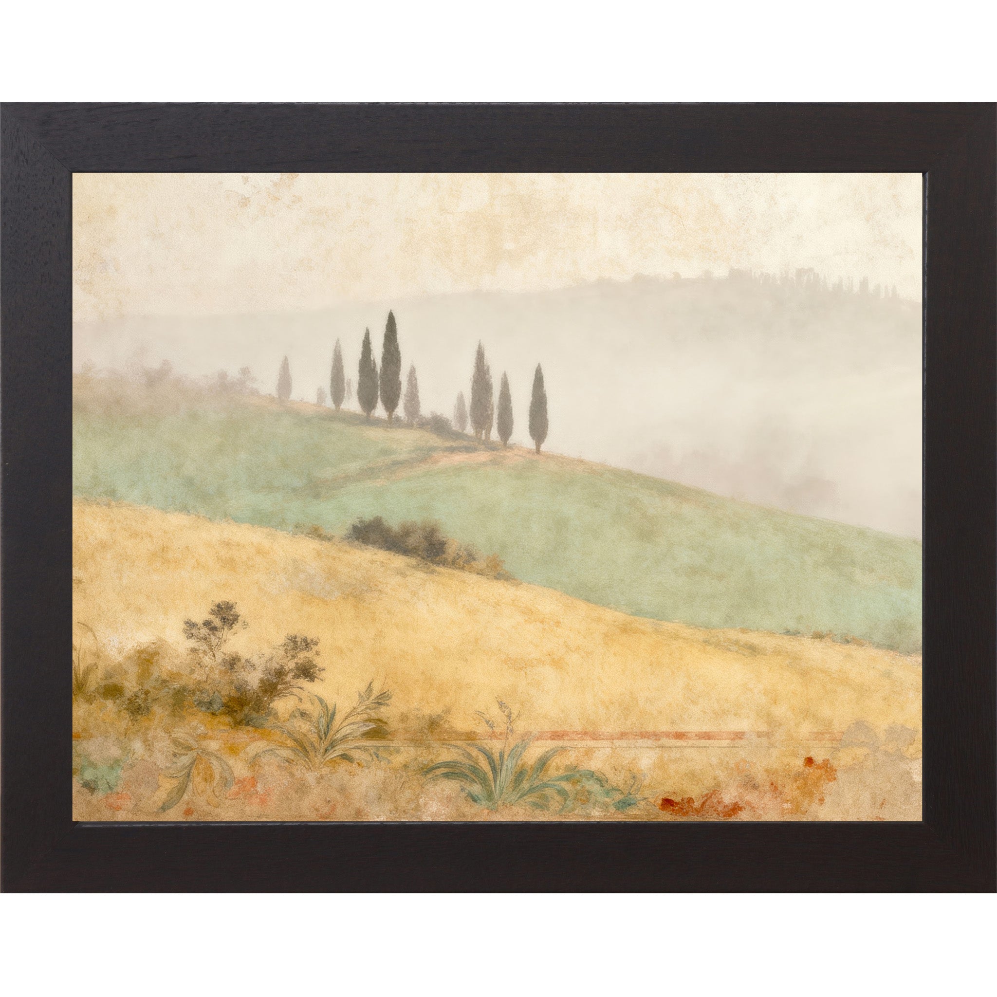 Black framed landscape Tuscan wall art with misty cypress trees on rolling golden wheat fields and distressed fresco botanical border — Italian countryside watercolor decor