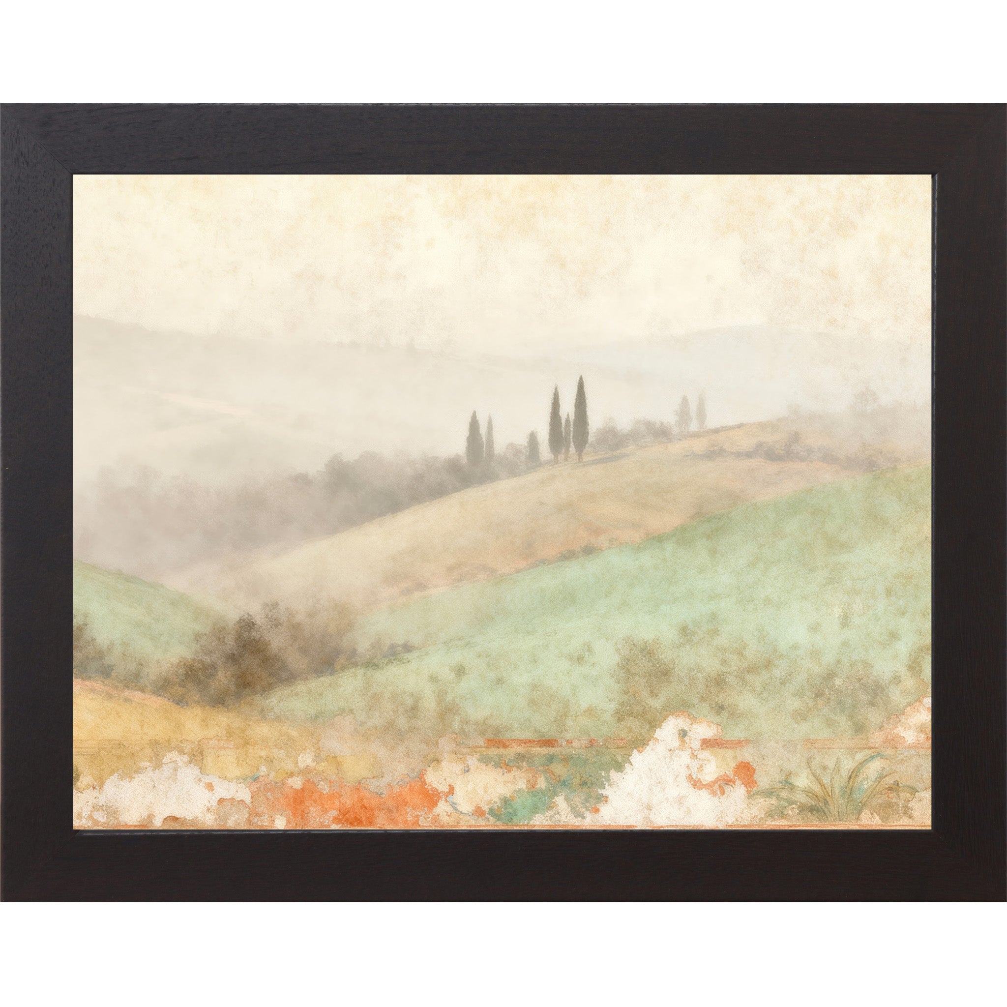 Black framed landscape Tuscan wall art with misty valley rolling sage hills and cypress trees with distressed fresco botanical border — Italian countryside companion piece