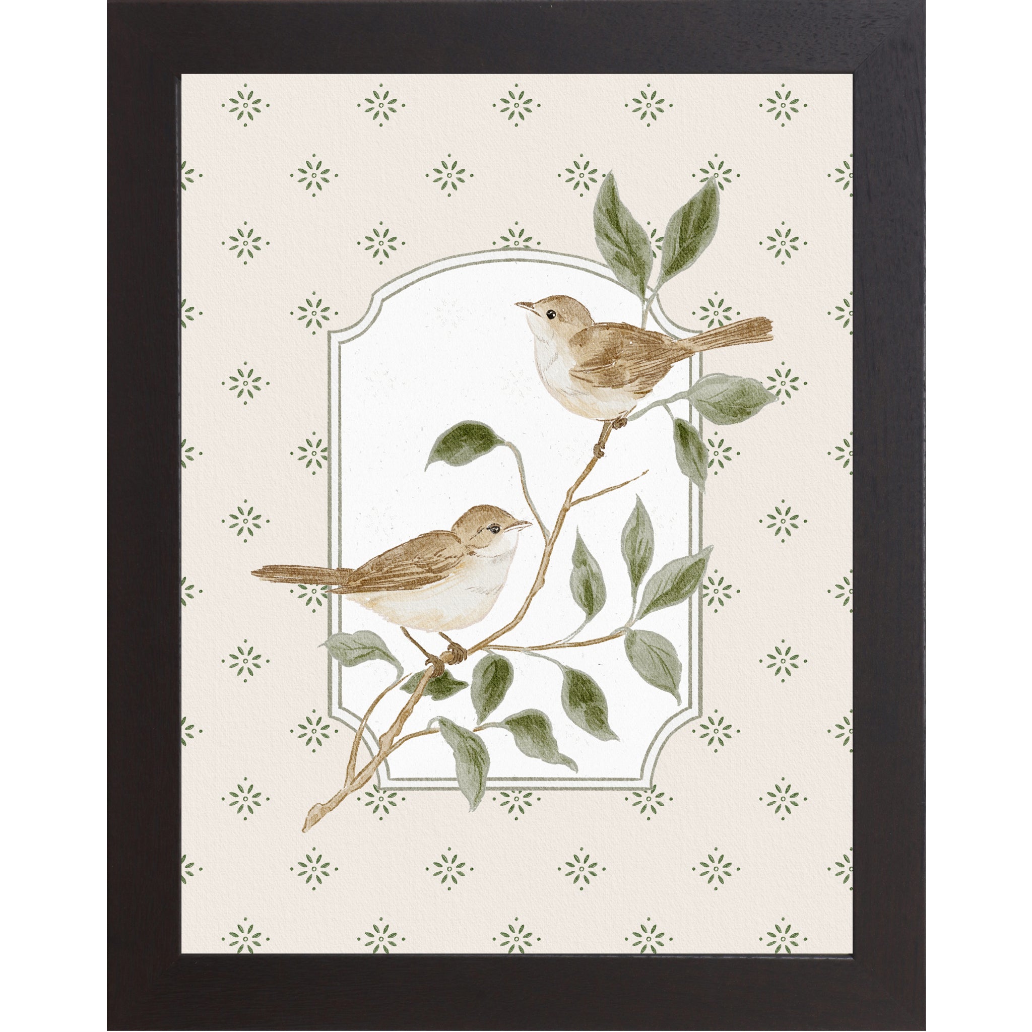 Black Frame Color Vertical botanical bird wall art featuring two tan sparrows on branch with soft neutral star pattern background inside decorative frame panel.