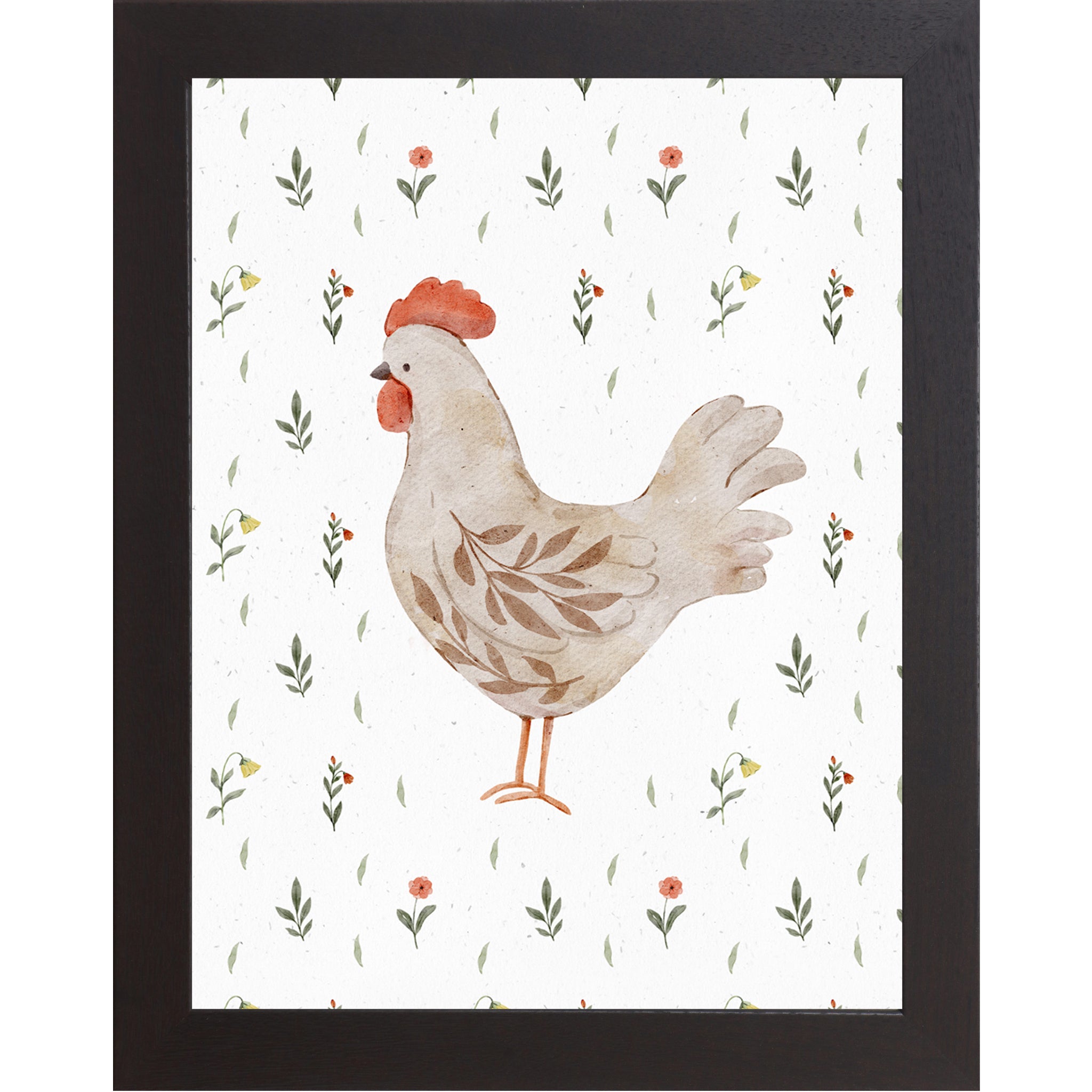 Left facing watercolor hen wall art with neutral farmhouse chicken illustration and delicate florals.