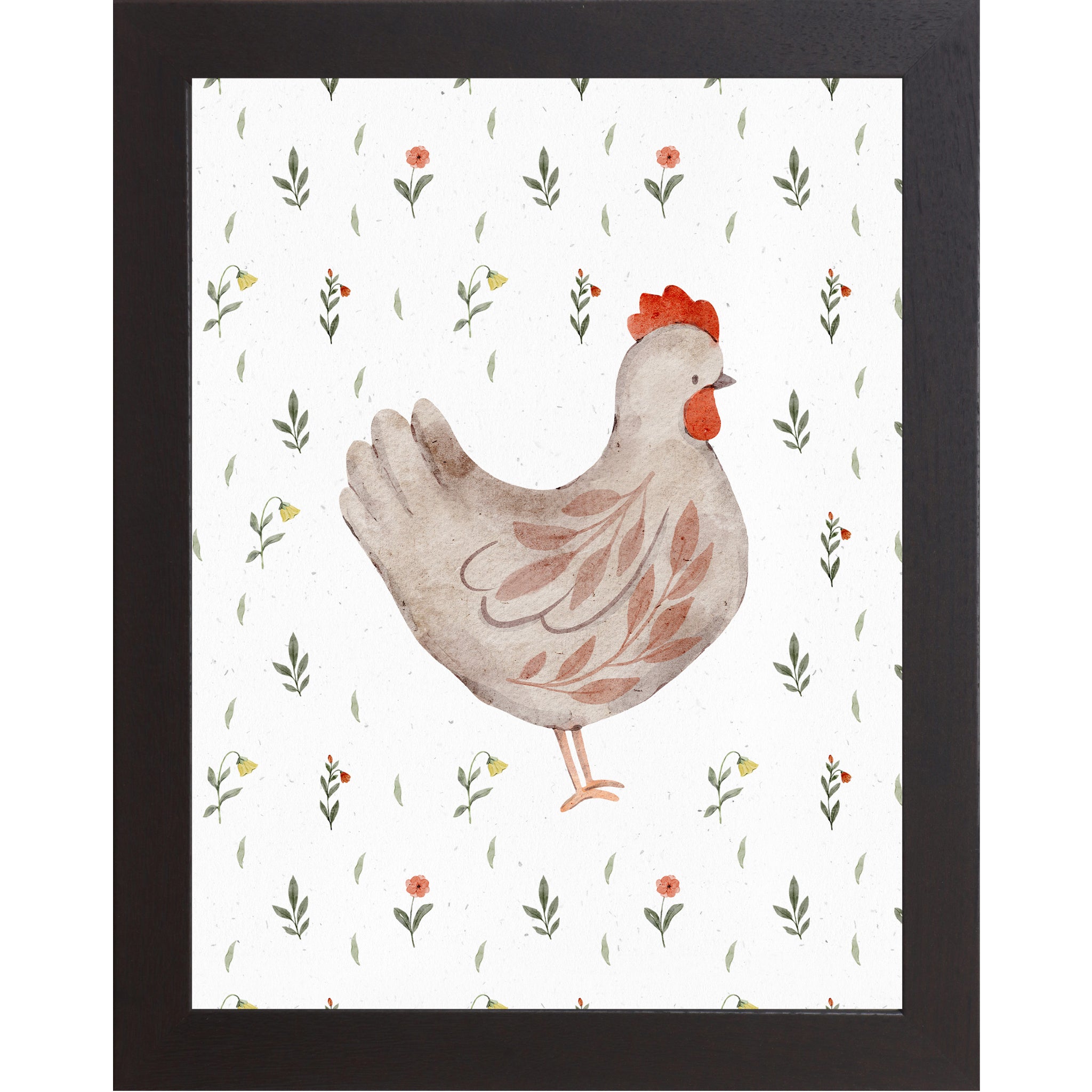 Right facing watercolor chicken wall art with neutral hen illustration and small florals on a farmhouse white background.