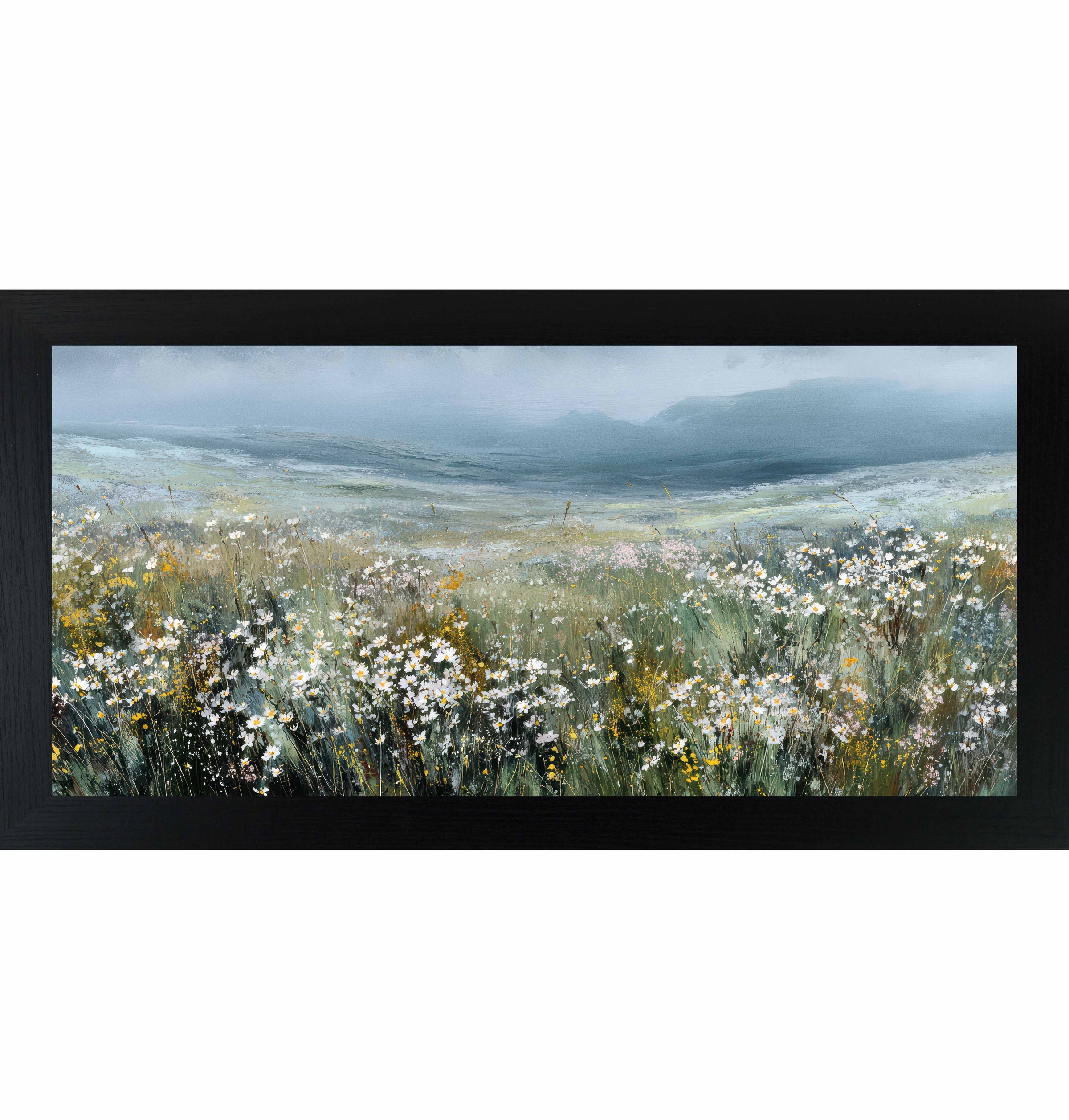 Black Frame Color Watercolor wildflower meadow landscape framed wall art featuring rolling green hills and white blossoms beneath a soft blue sky in a wide horizontal format.