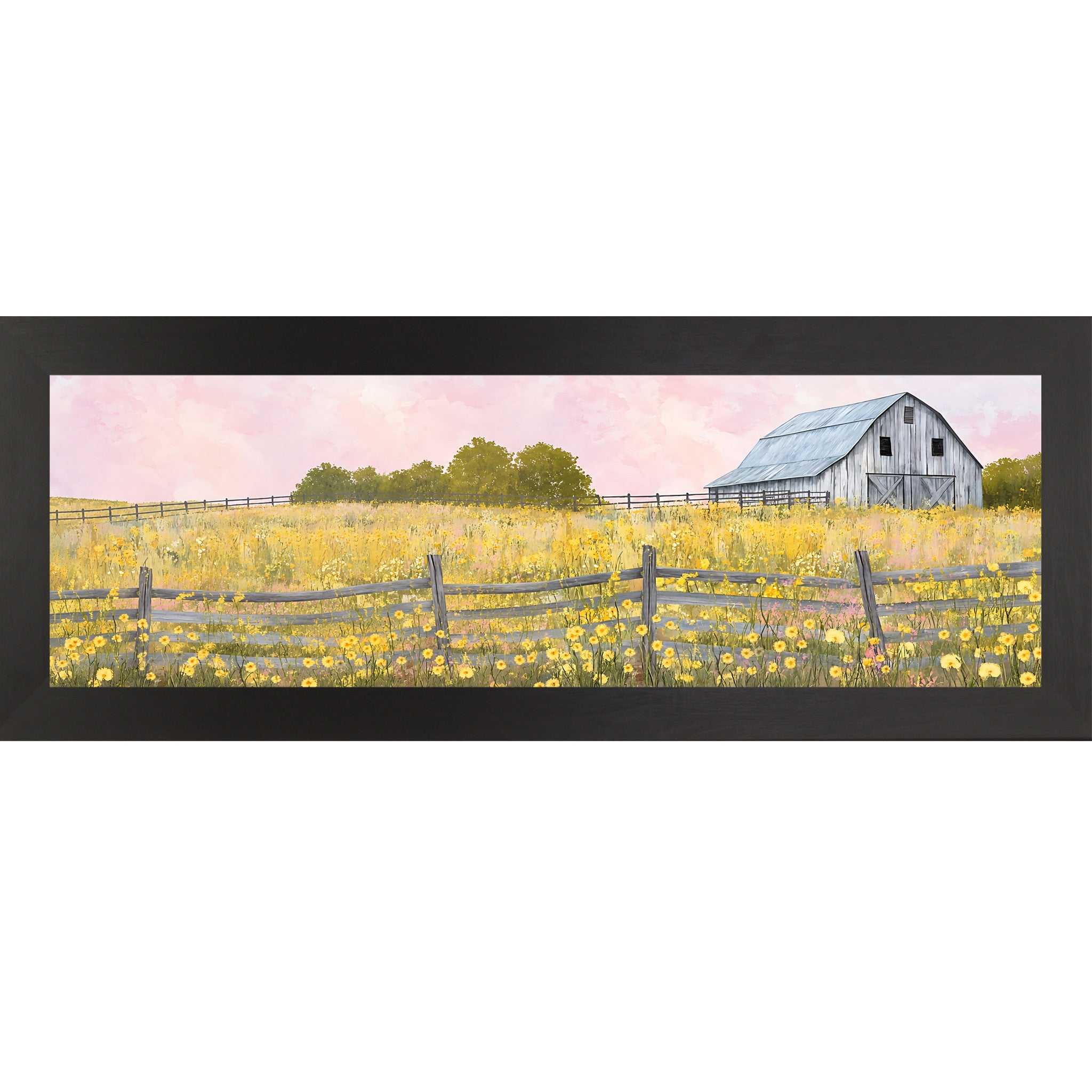 Black framed wide landscape farmhouse wall art featuring a watercolor gray barn in a yellow wildflower meadow with split rail fence and soft pink sky — Yellow Wildflower Barn SB950