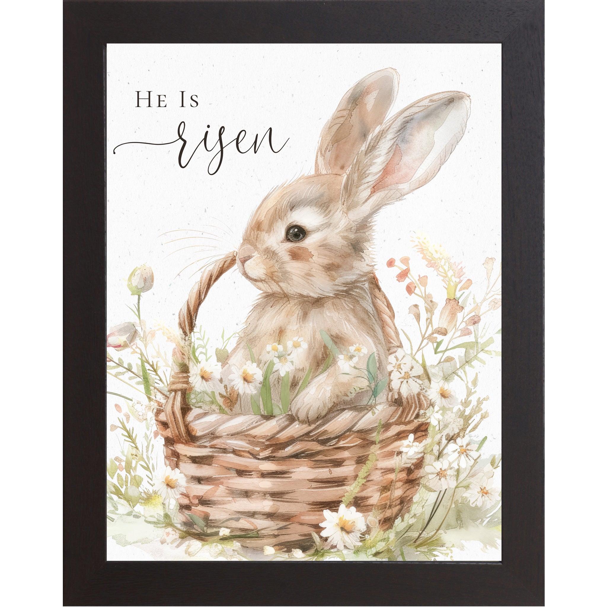 He Is Risen Easter Wall Art – Watercolor Bunny in Floral Basket, Christian Spring Decor (SB155)