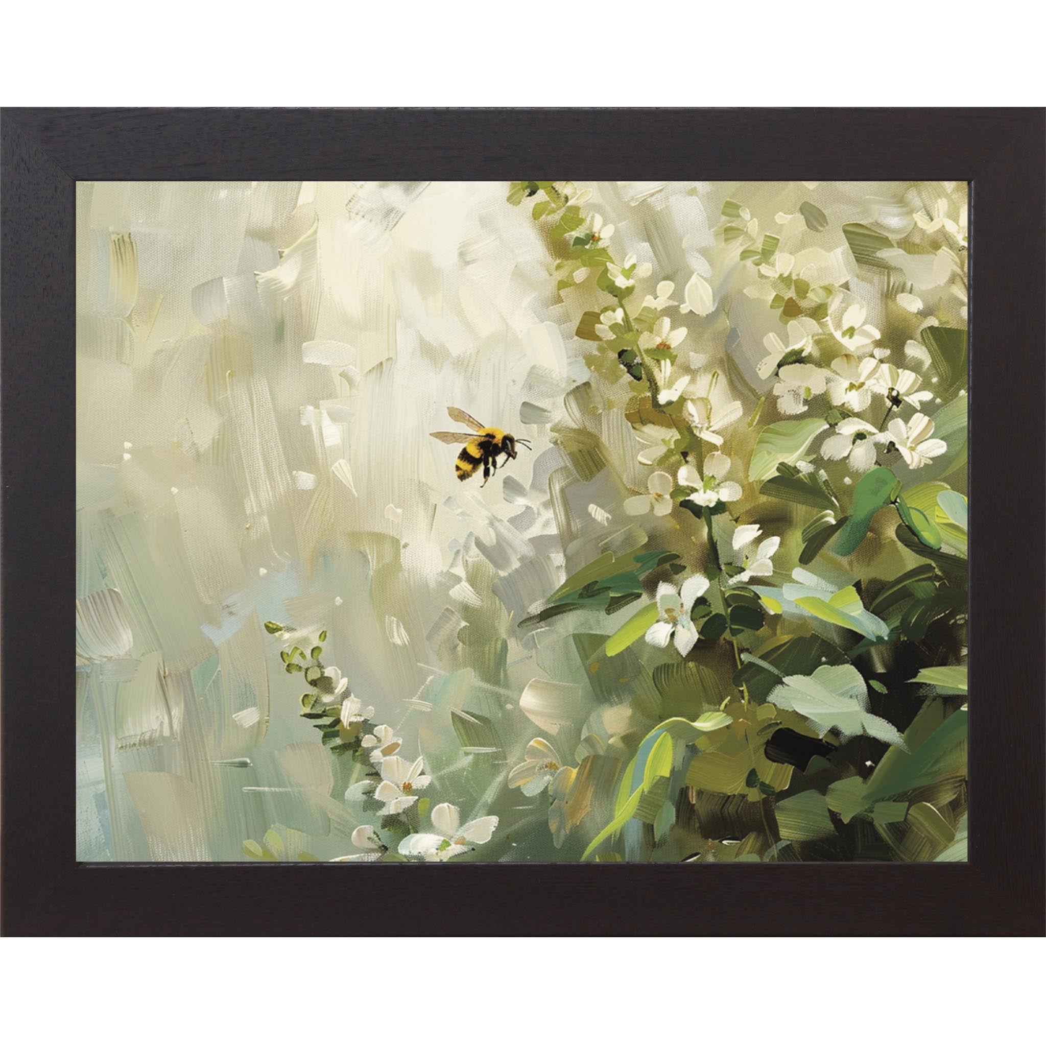 Neutral Floral Bee Wall Art – Soft Botanical Spring Framed Decor (SB144) - Summer Snow Art