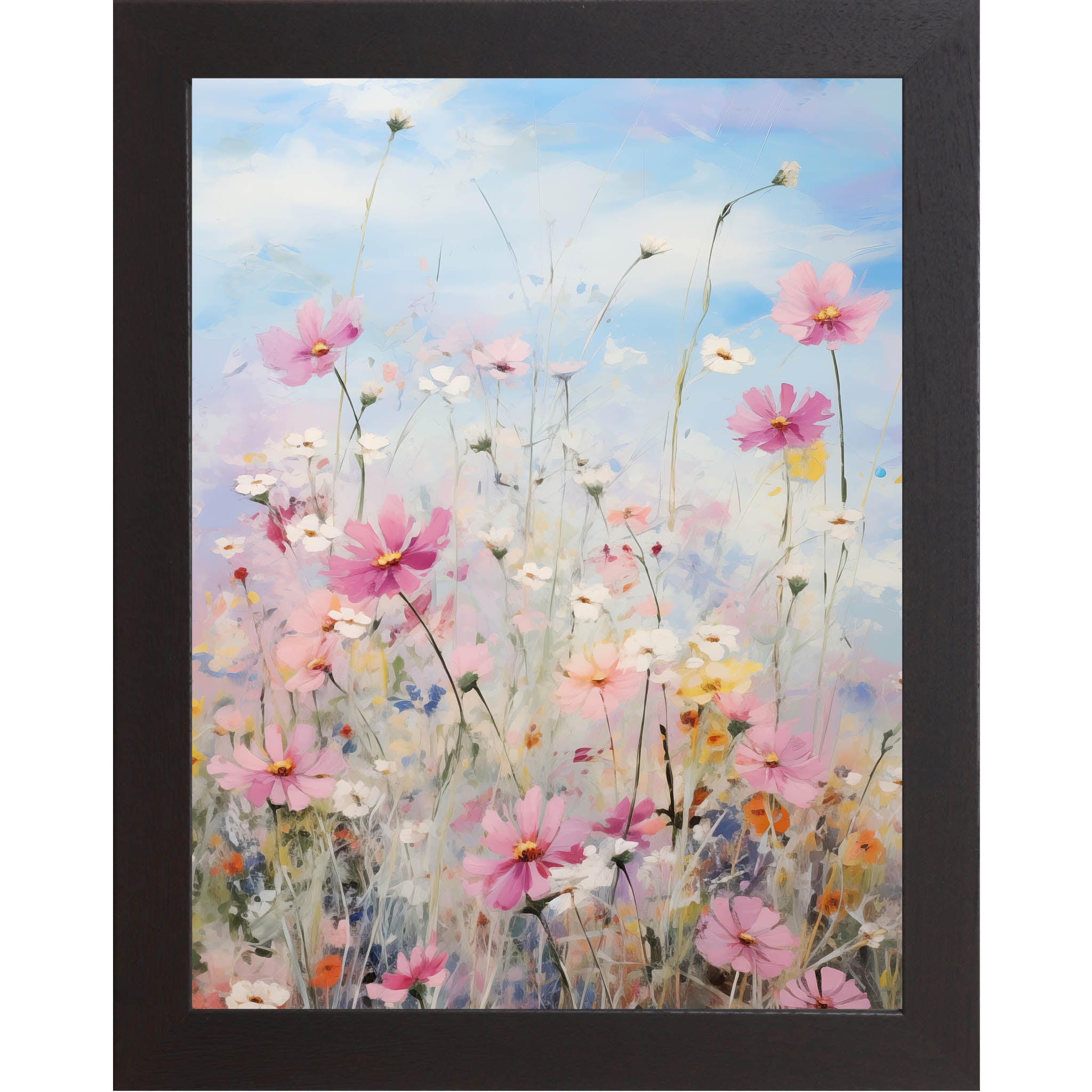 Spring Wildflower Meadow – Pastel Floral Framed Wall Art | Soft Blue & Pink Botanical Decor (SB126)