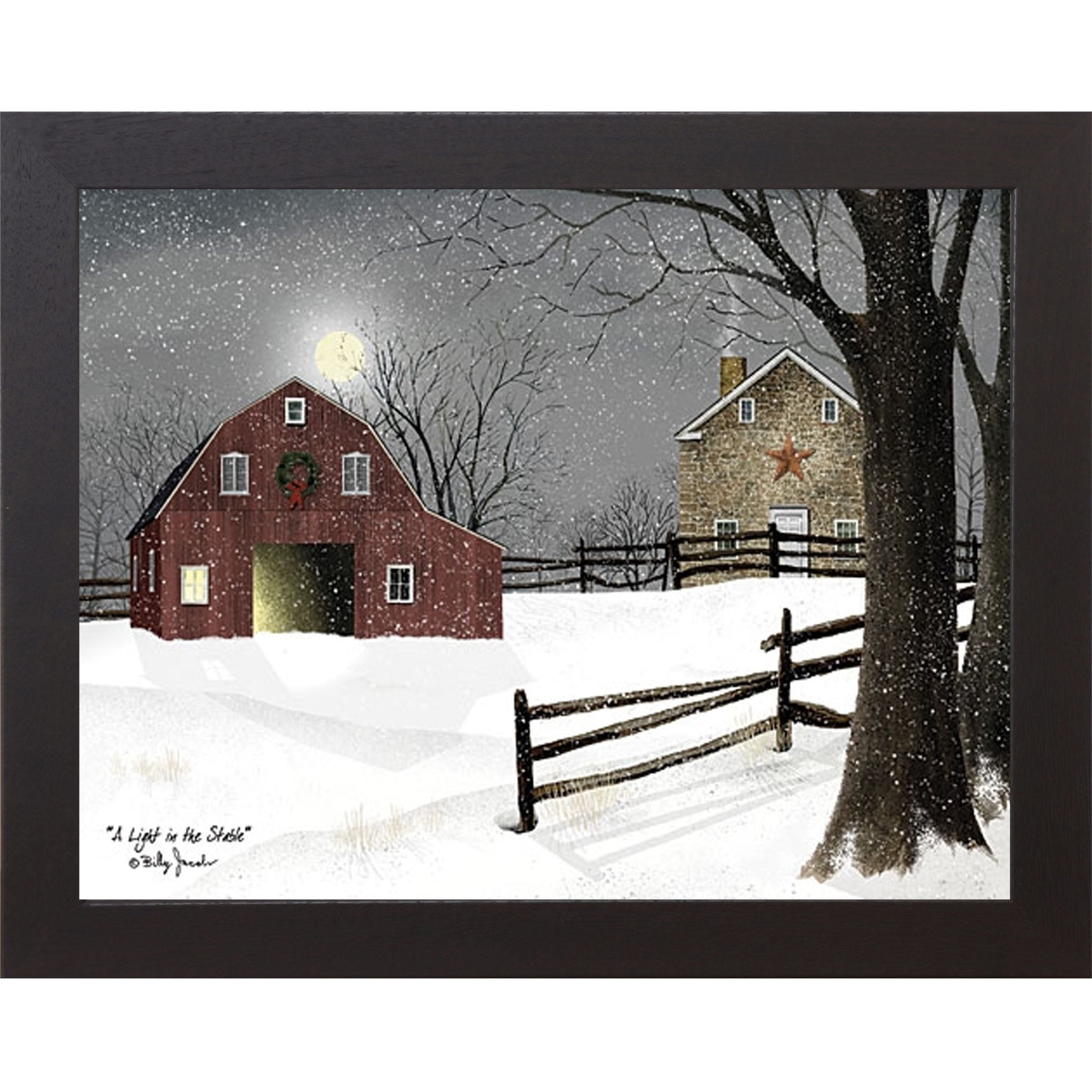 Winter farm framed wall art by Billy Jacobs featuring a snowy farmhouse and barn glowing with warm light, traditional Americana Christmas decor