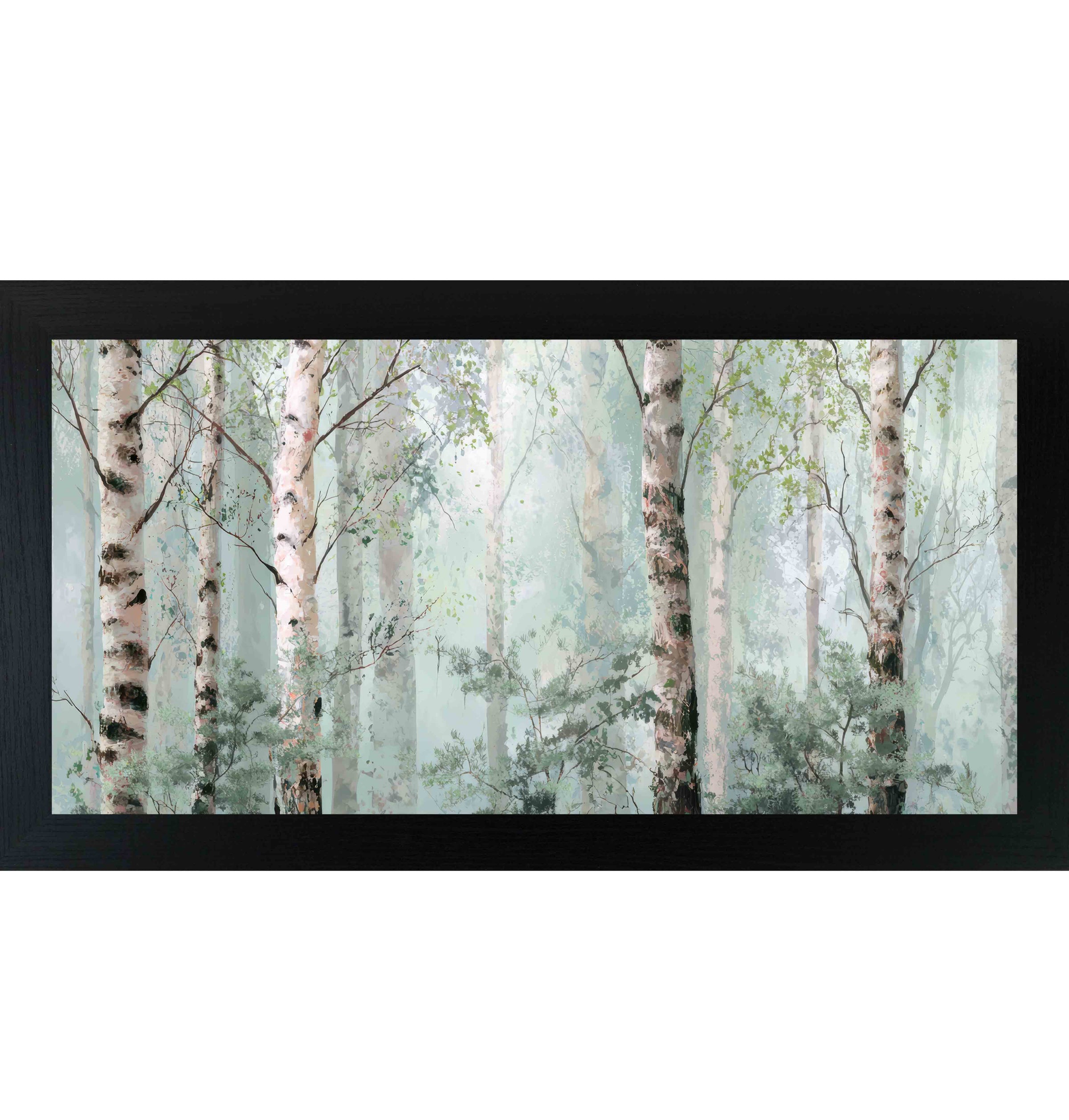 Black framed wide landscape birch tree wall art featuring soft watercolor birch forest in sage green and ivory mist — Birch Forest Mist SB737
