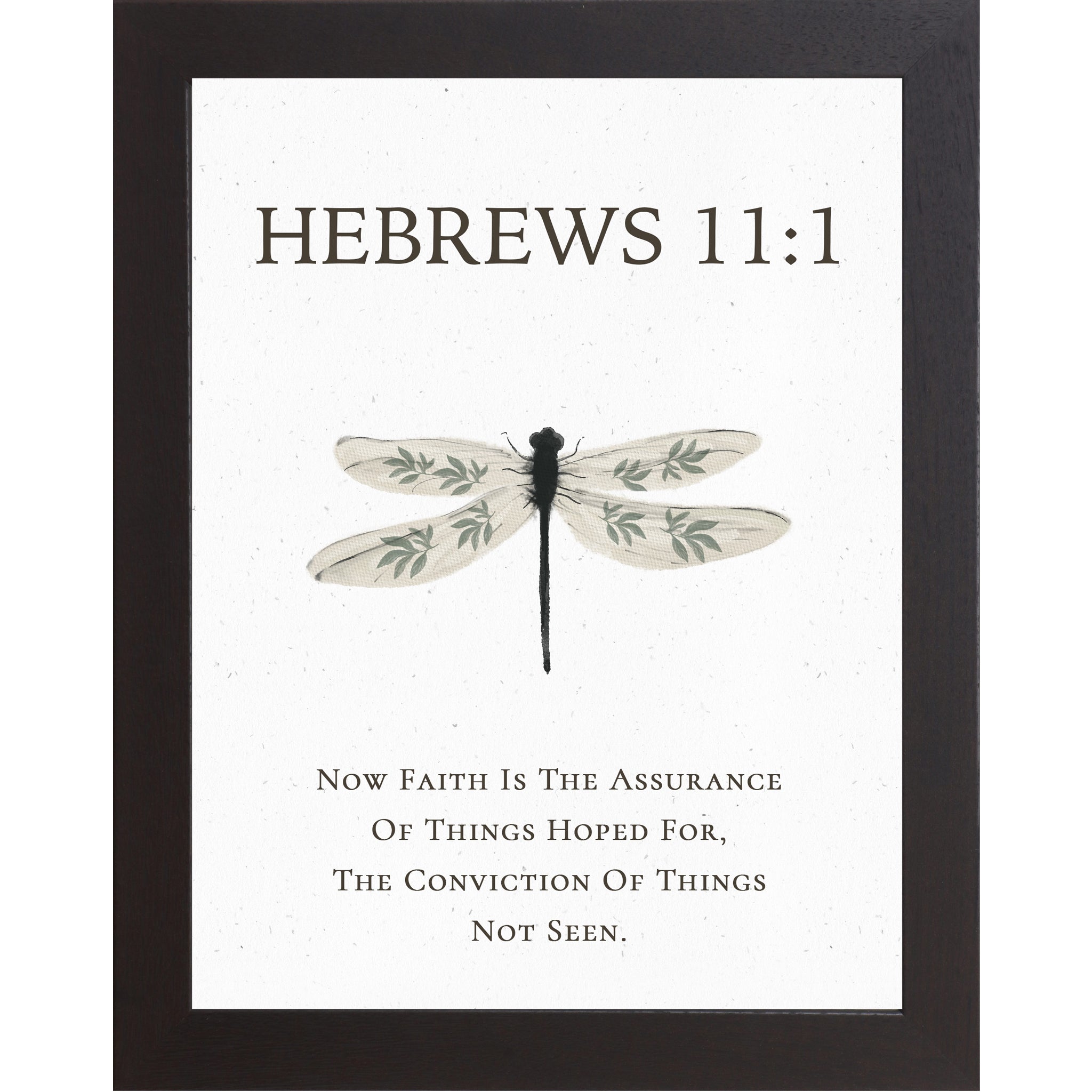 Hebrews 11:1 Christian dragonfly wall art featuring a large watercolor dragonfly with botanical wing details on a neutral white background, framed decor available in multiple sizes.