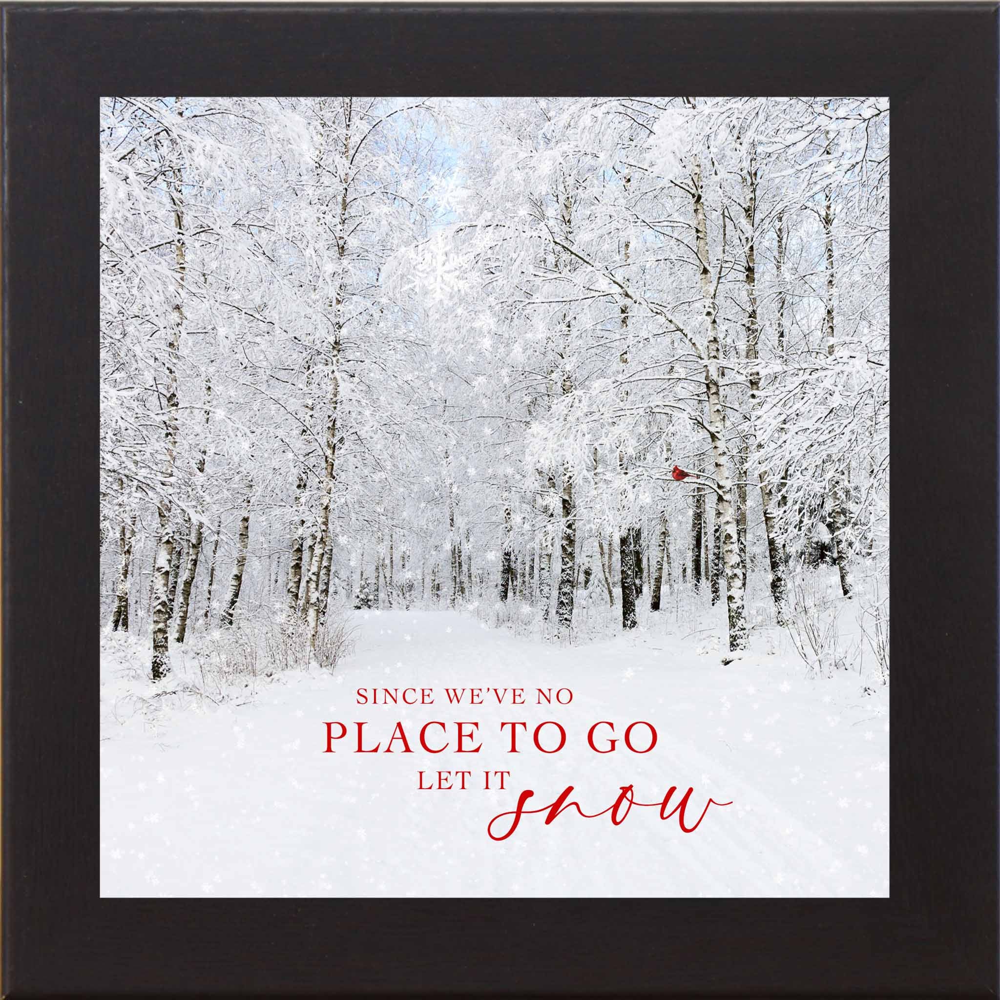 Winter snowy forest wall art with red cardinal in birch trees and red Let It Snow lyrics, square framed Christmas winter decor by Summer Snow