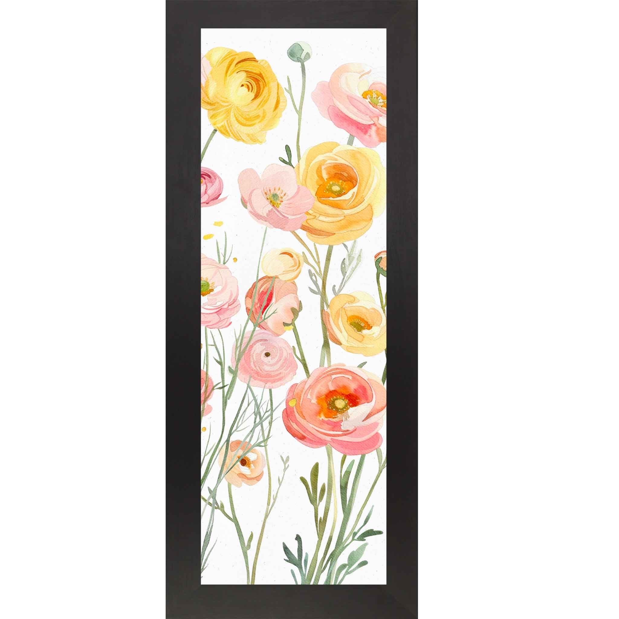 Vertical watercolor ranunculus wall art with golden yellow and peach blooms on soft white background, tall slim botanical framed decor 8x20 to 14x40