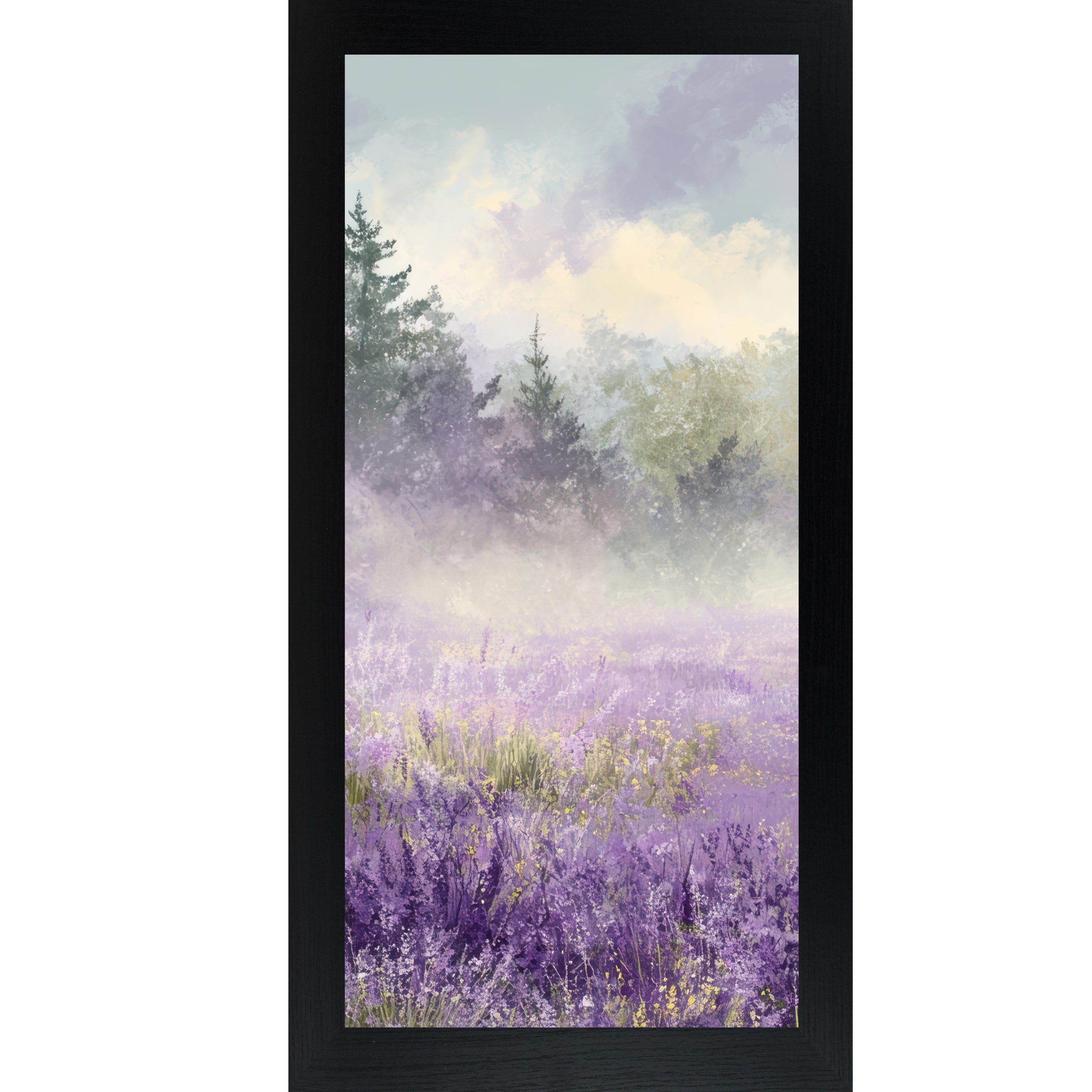 Black framed tall portrait floral wall art featuring a misty lavender wildflower field with two dark evergreen trees upper left and golden light breaking through a dramatic violet sky — Lavender Field Left Panel SB746