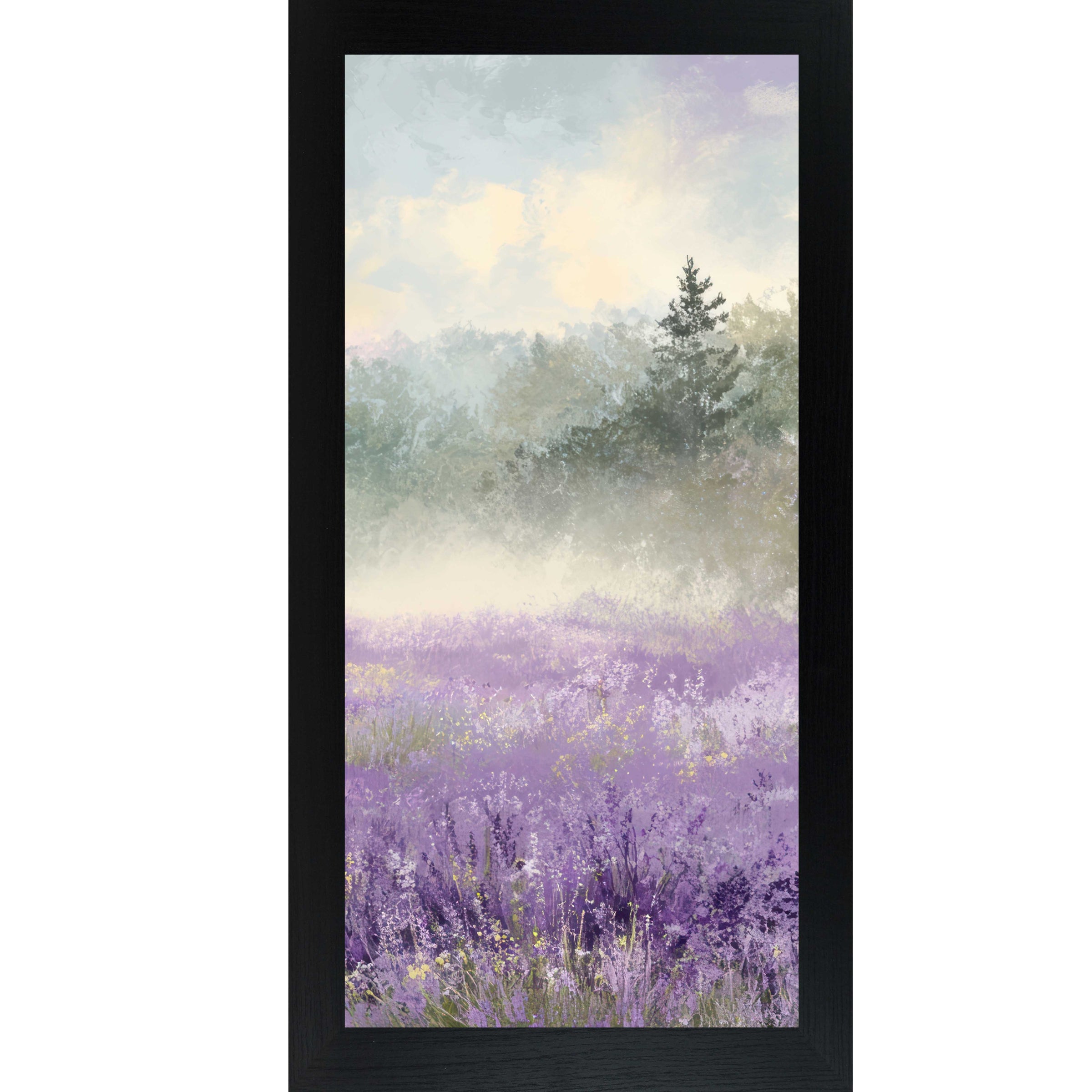 Black framed tall portrait floral wall art featuring a misty lavender wildflower field with a single dark evergreen tree upper right and warm golden light breaking through a soft blue sky — Lavender Field Right Panel SB747